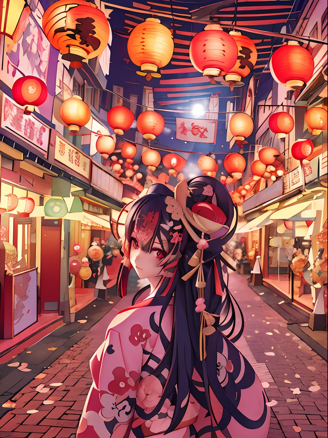 Arafe woman in kimono walking down street with red lanterns, anime style 4 k, Anime art wallpaper 8k, guweiz, anime art wallpaper 4k, anime art wallpaper 4k, Anime style. 8K, 4k anime wallpaper, anime wallpaper 4 k, anime wallpaper 4k, Beautiful anime, beautiful anime scene, kawacy