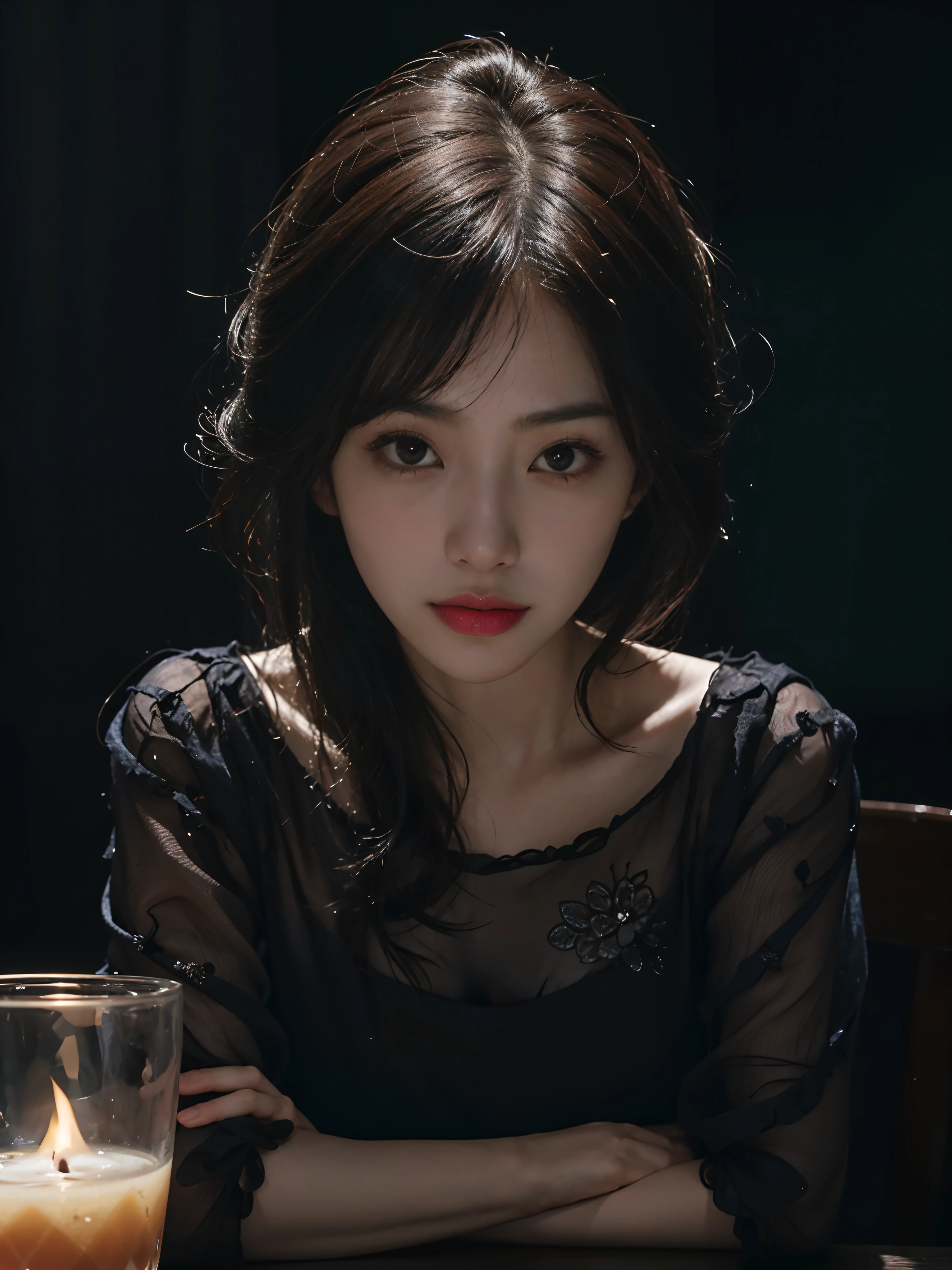 Araki Asian woman sitting at the table, Rendu portrait 8k, Guviz-style artwork, Guviz, Soft portrait shot 8 K, author:Zhang Han, Cute face. Dark fantasy, 🤤 girl portrait, dream magical、aethereal、darkly, Ethereal beauty, photoreal render, dark fantasy mixed with realism,Look at the camera head-on