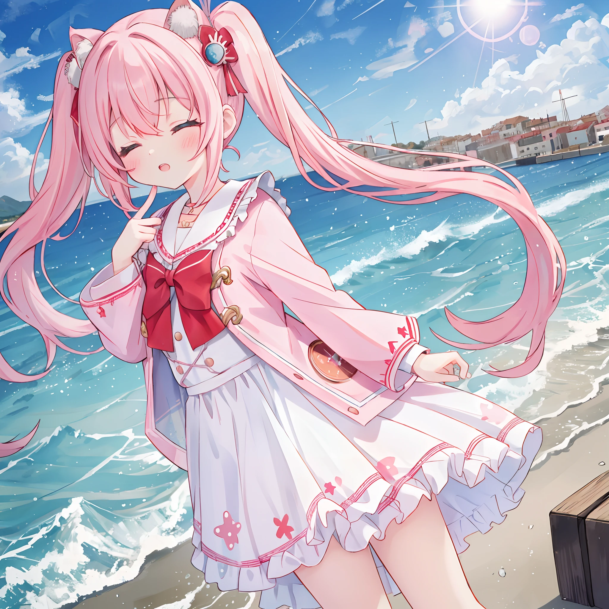 absurderes, hight resolution, (Anime style:1.1), ((masutepiece)), ((Best Quality)), (Ultra-detailed), (Beautiful), 独奏, Beautiful face, (Cowgirl Shot:1.2)、(liftup),Cute girl standing on the street in Mediterranean port city,Wind,Light pink hair, Blue eyes,very long twintails,White Dress,Blue sky,Laugh,double tooth,Closed eyes,Looking at Viewer,Lens Flare,Dramatic, Coastal、red eyes、cum overflow,a miniskirt、cum string