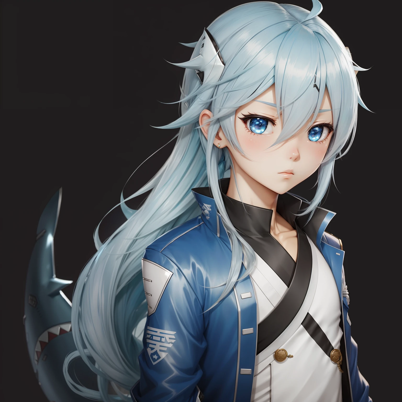 shark、Male anime character dressed in Han style,Wear longer, Fluent clothing,pretty anime character design,Cute boy anime visuals,Kantai Collection Style,anime moe art style,small curvy loli,Chen Ji,Little Lori Boy,anime character design,highly detailed character design,guweiz,high quality character design,high quarity。super detailing。Blue-white hair,Dango head,2D Anime Style,solo person