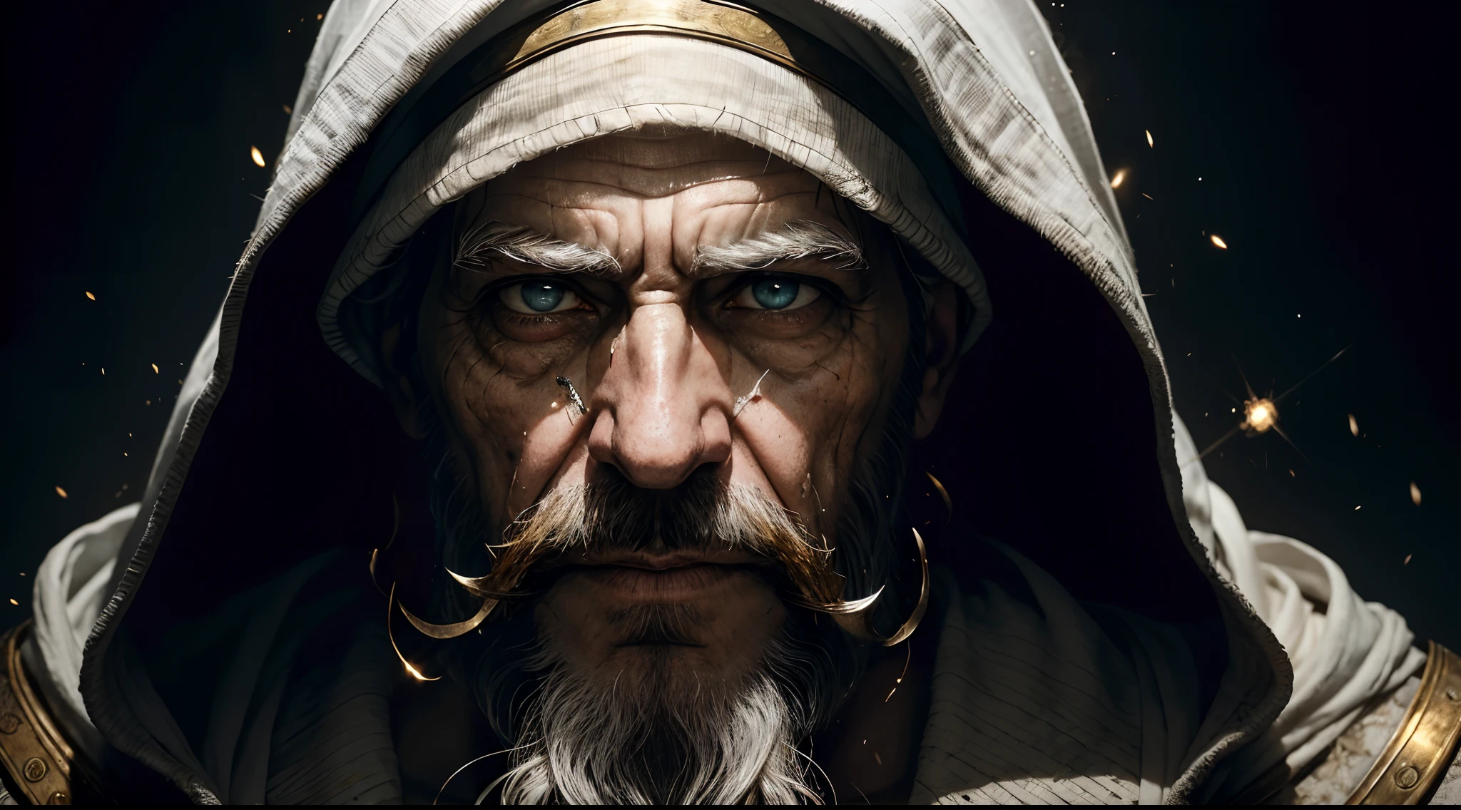 An epic close up portrait of elderly intense sinister eyes, and nose with long white beard, framed with a faded ancient tattered white linen hood, reflecting gold sparks in the irises of the eyes, white eyebrows, at night, dramatic lighting, high contrast, highest definition, hyperrealism, hyperrealistic, photorealistic, high resolution, hdr photography, 8k