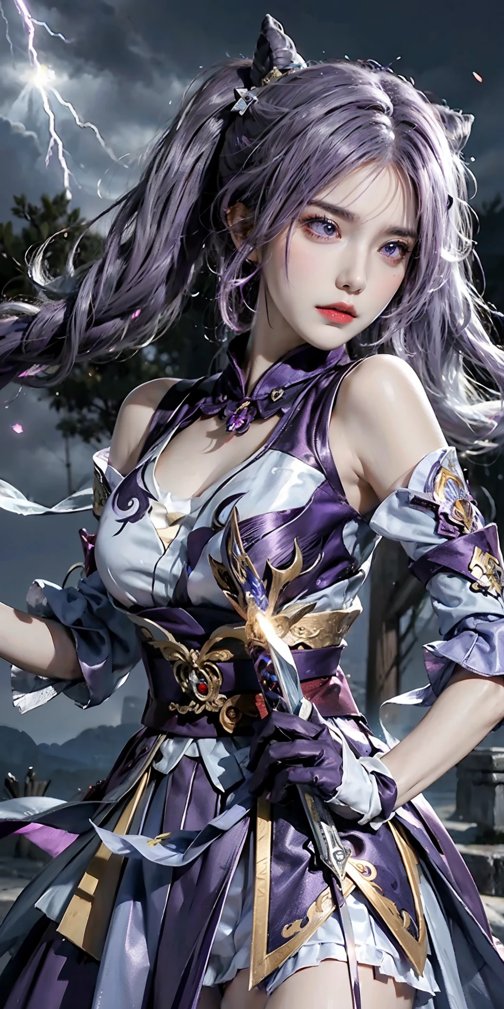 (frown, closed mouth), keqing_\(genshin_impact\), purple_eyes, purple hair, twintails, sharp eyes, serious face, gloves, hands holding sword, lightning glowing sword, purple lightning