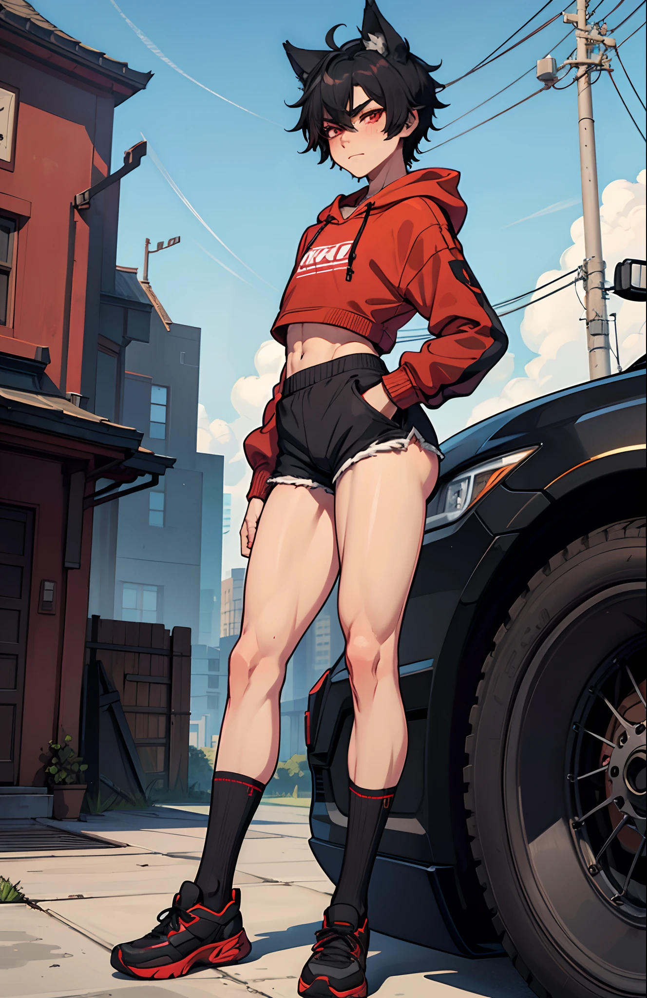 wolf ears, ((((1boy)))), red eyes, black hair, short hair, wolf tail, vibrant, HD, black baggy hoodie, black booty shorts, accurate hands, blush, black thigh socks, smug, big butt, big thighs, toned abs, black shoes, flat chest, accurate legs, masterpiece