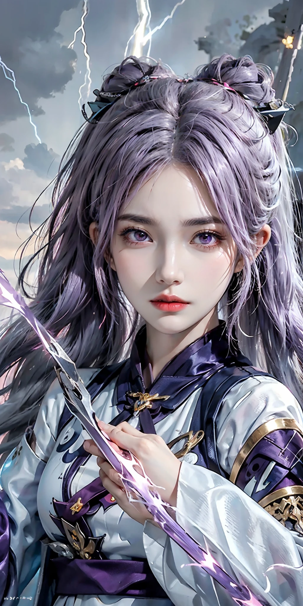 (frown, closed mouth), keqing_\(genshin_impact\), purple_eyes, purple hair, twintails, sharp eyes, serious face, gloves, hands holding sword, lightning glowing sword, purple lightning