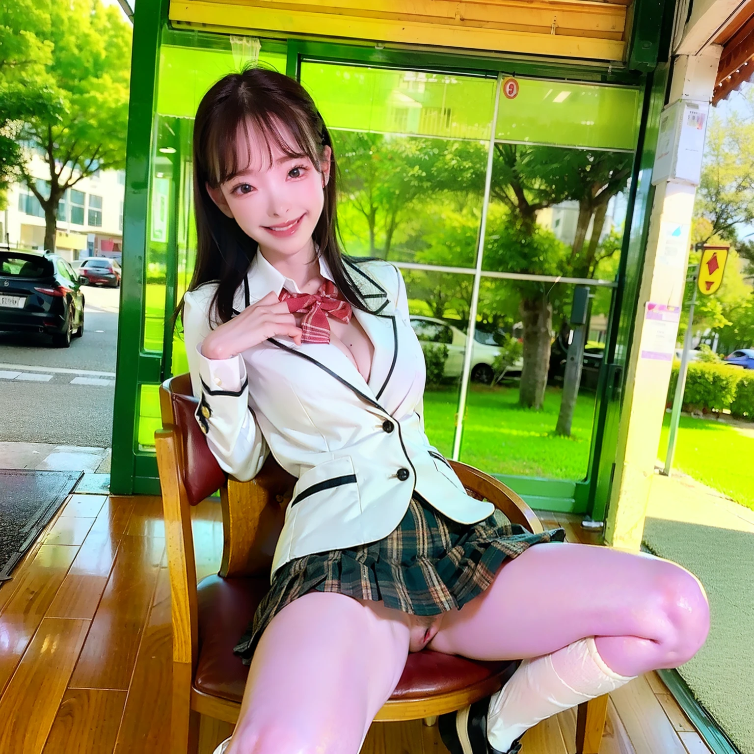 Top Quality, Photorealistic, 8K, High Definition, 1 Girl, Female, (1.8), School, Schoolgirl, Blazer, Uniform, Pubic hair visible, No panties, Skirt boldly pulled up, ((Sit in chair and legs wide open)), Bend your knees and open your legs, Slightly shorter hairstyle, Grab your knees with your hands to open your legs, Buttoned shirt flutters