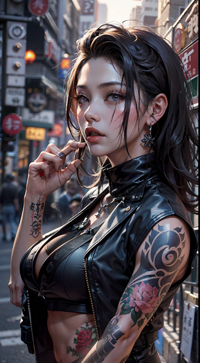 A gangster boss on the streets of Japan， A group of gang members stood behind，angry look，Mixed Korean，The background is blurred out，focal，电影灯光，(((tmasterpiece))), ((best qualtiy)), ((Complex and detailed)), ((ultra-realistic realism)), Ridiculous resolution, A MILF, Mature woman, ssee-through, highly  detailed, illustratio, 1girll, (huge tit), Thin waist and thick hips，long leges，beatiful detailed eyes, short detailed hair, brunette color hair, a purple eye, (Gangster suit:1.2),Tattooed with，Large flower arms，Full of tattoos，Japanese yakuza，Kamami Yamaguchi，Japanese Yamaguchi-gumi，Japanese yakuza woman，The Underworld，full tattoo，Gangster boss，Lunette de soleil，Gangster godfather，Blood stained the streets，Gang boss，Scarred figure，Bloody violence，Sexy and feminine，（No underwear），pantiess, detailed back ground, perfect  eyes, Seductive eye, looking at viewert，From the front，Wear light，