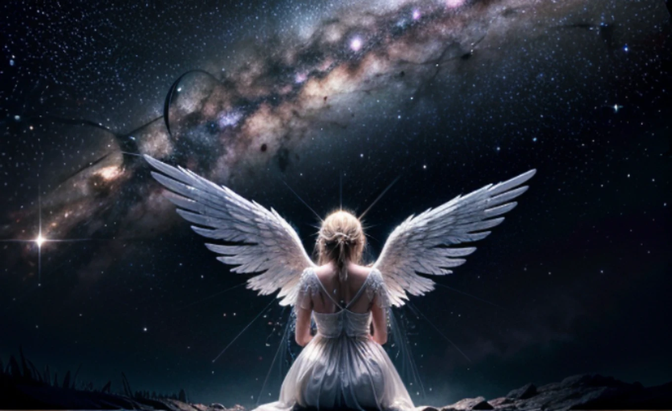 (masterpiece), (best quality:1.4), absurdres, [:intricate details:0.2], angel, angel wings, milky way, sky, shimmering aura, intense focus, crackling energy, mysterious symbols, sparkling motes,