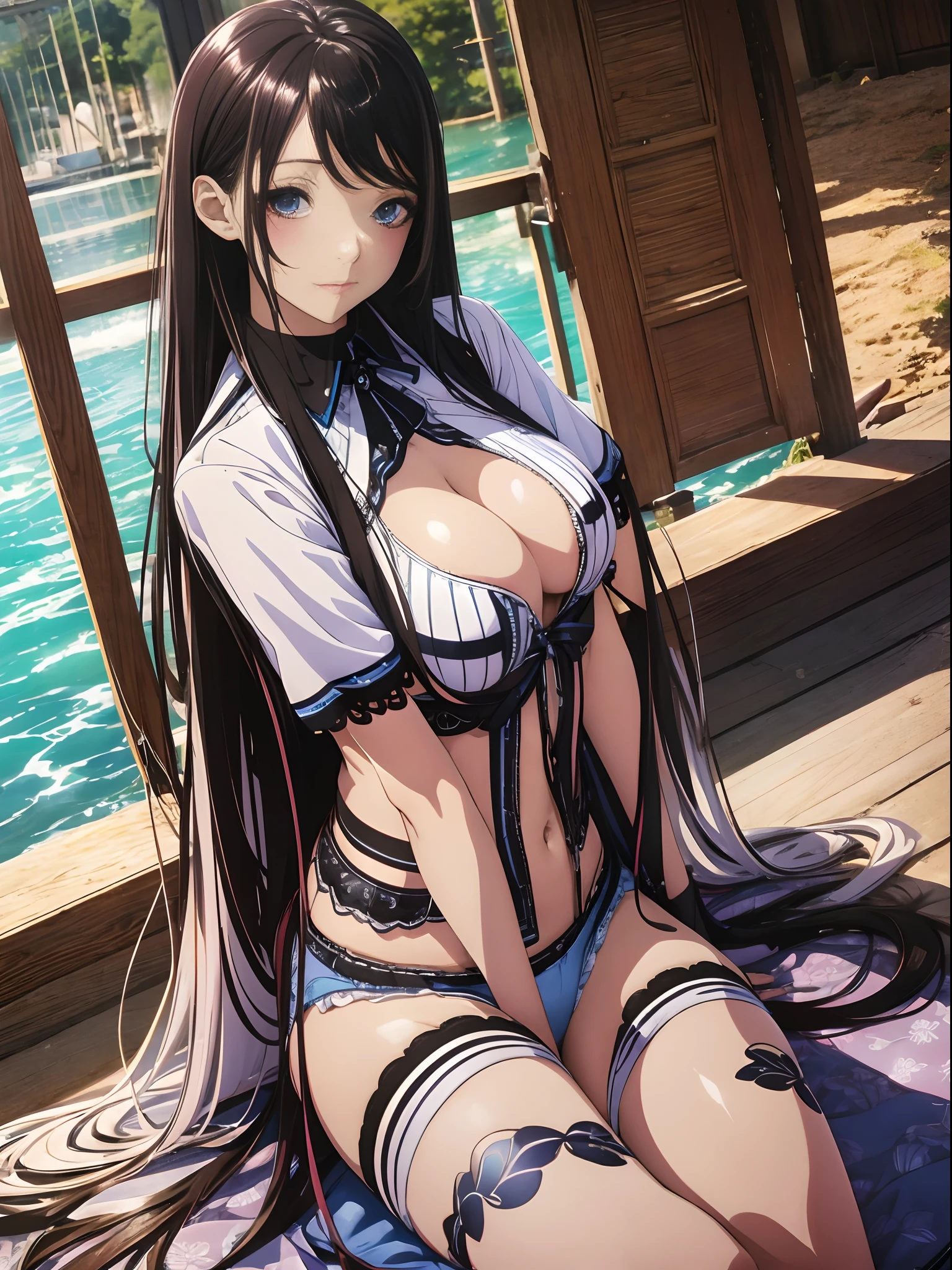 （Enrich the picture，Masterpiece level quality）Beautiful 8K CG artwork，Goddess-like posture，sittinng on the river，Postural exercises，Slim and soft，Translucent skin，Black hair、The beauty of extra-long hair, Super Long Straight Hair，The skin is fair and juicy，Big breasts underwear uniform，Perspective Part 1.2x enhanced silhouette effect，Exquisite transparent blues pattern in pajamas，The details are intricate and exquisite，The background is slightly blurred，Charming and lustful leg seduction，Drool，Big breasts J cup，Blush，Japan goddess，Perfect body slim curves，Scene by the sea，