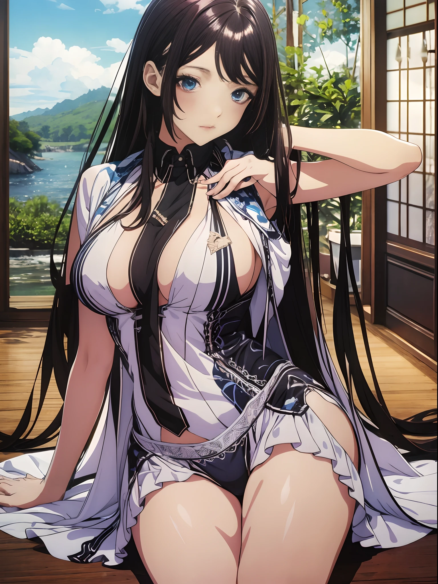 （Enrich the picture，Masterpiece level quality）Beautiful 8K CG artwork，Goddess-like posture，sittinng on the river，Postural exercises，Slim and soft，Translucent skin，Black hair、The beauty of extra-long hair, Super Long Straight Hair，The skin is fair and juicy，Big breasts underwear uniform，Perspective Part 1.2x enhanced silhouette effect，Exquisite transparent blues pattern in pajamas，The details are intricate and exquisite，The background is slightly blurred，Charming and lustful leg seduction，Drool，Big breasts J cup，Blush，Japan goddess，Perfect body slim curves，Scene by the sea，