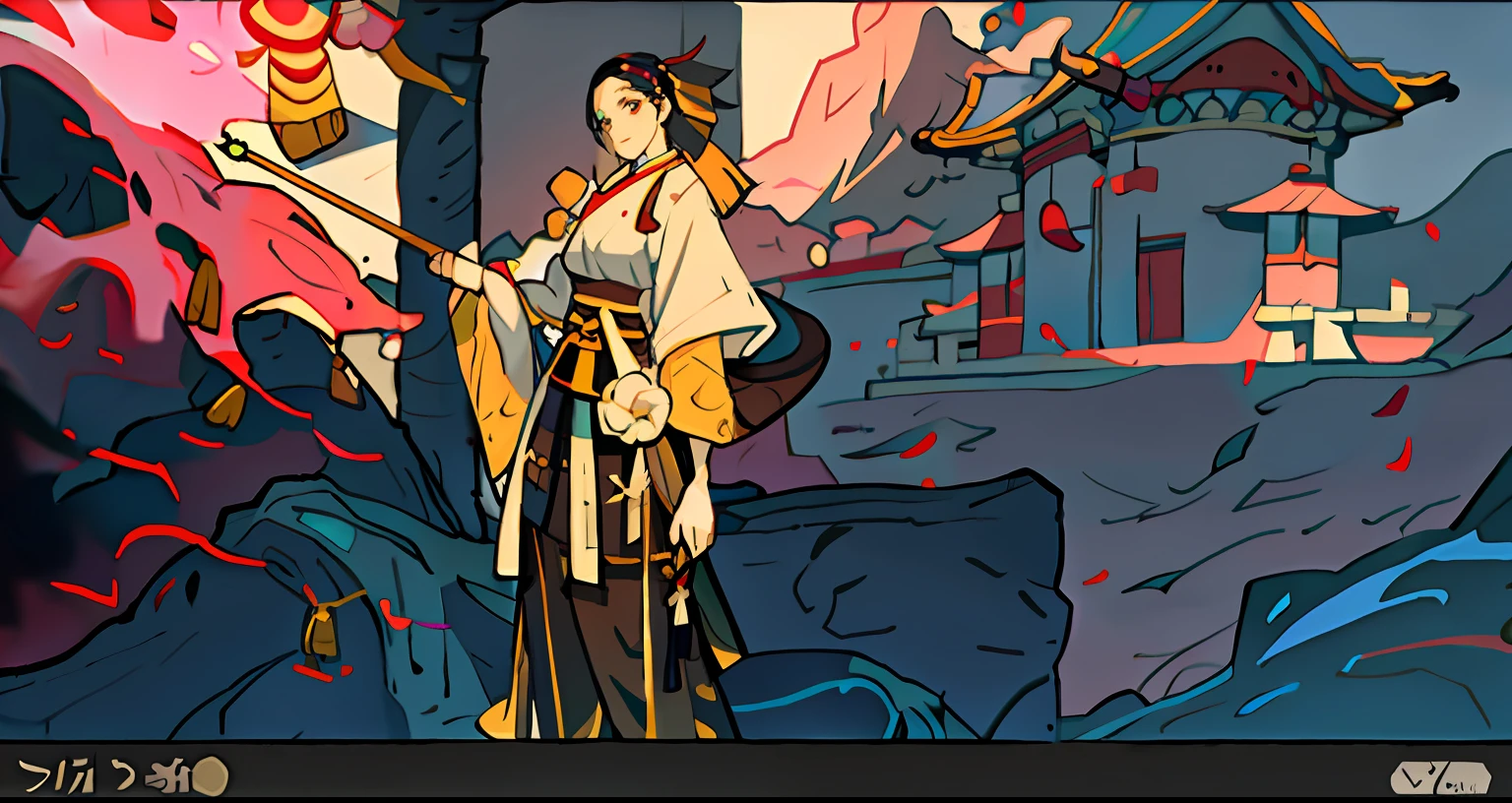 "Anime characters dressed in traditional Chinese costumes，Holding pink and yellow flags，krenz cushart and wenjun lin，G Liulian art style，inspired by Krenz Cushart，heise jinyao，wlop and krenz cushart，krenz cushart and artem demura，inspired by Zhang Sengyao，Onmyoji detailed art。"