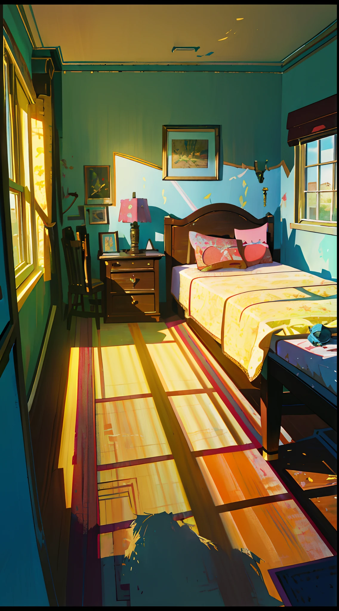 there is a room with a bed, desk, and a window, realistic afternoon lighting, a sunny bedroom, cinematic morning light, bright room, personal room background, ross tran. scenic background, by senior environment artist, afternoon lighting, painted in anime painter studio, vibrant volumetric natural light, interior background art, detailed scenery —width 672, photorealistic room