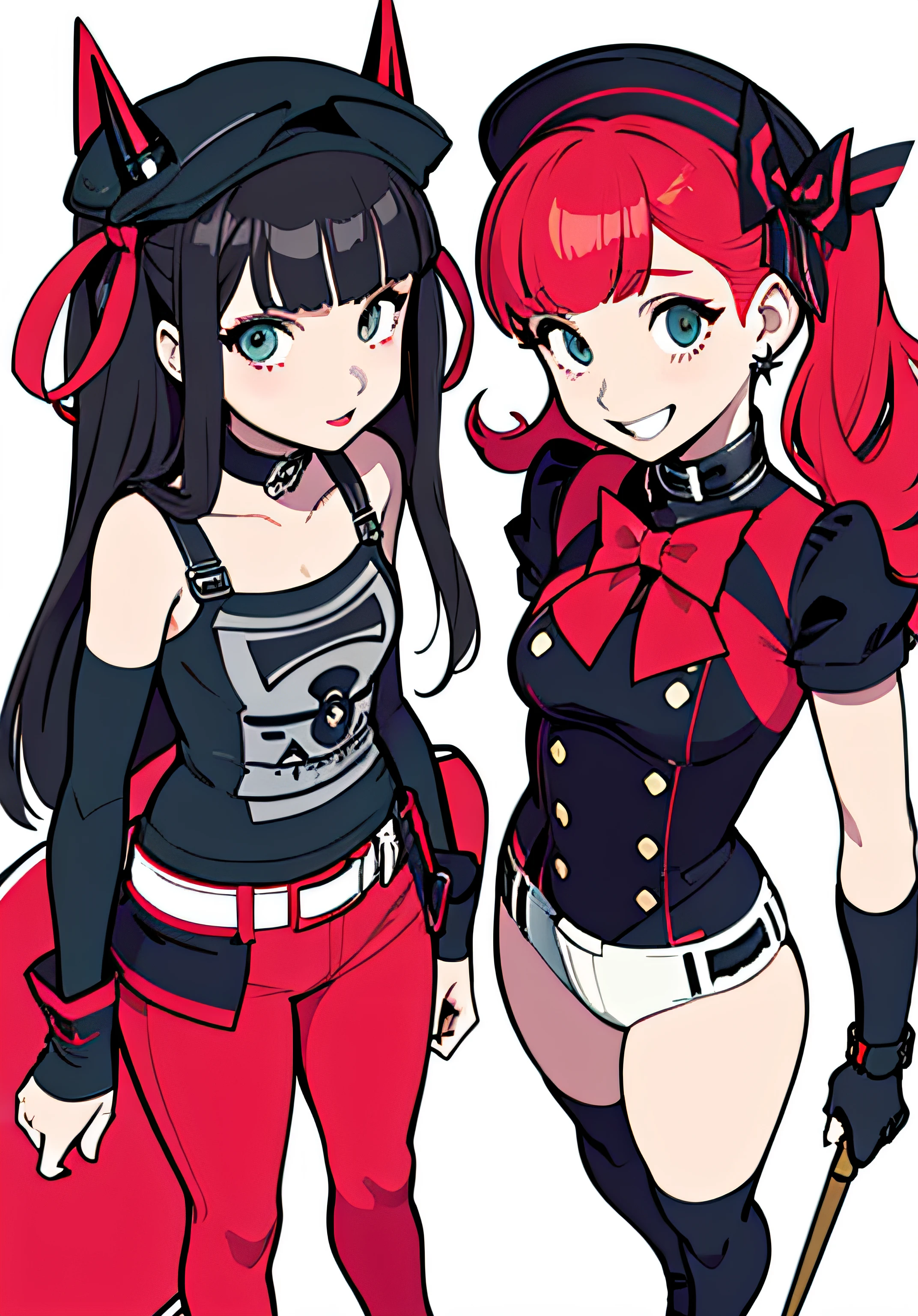 {persona 5 style}，one-girl，cap，Clothes with exposed navels，hot pant，Hippie style，Rock，squating，the bow，Winner gesture，（From the front：1.3），