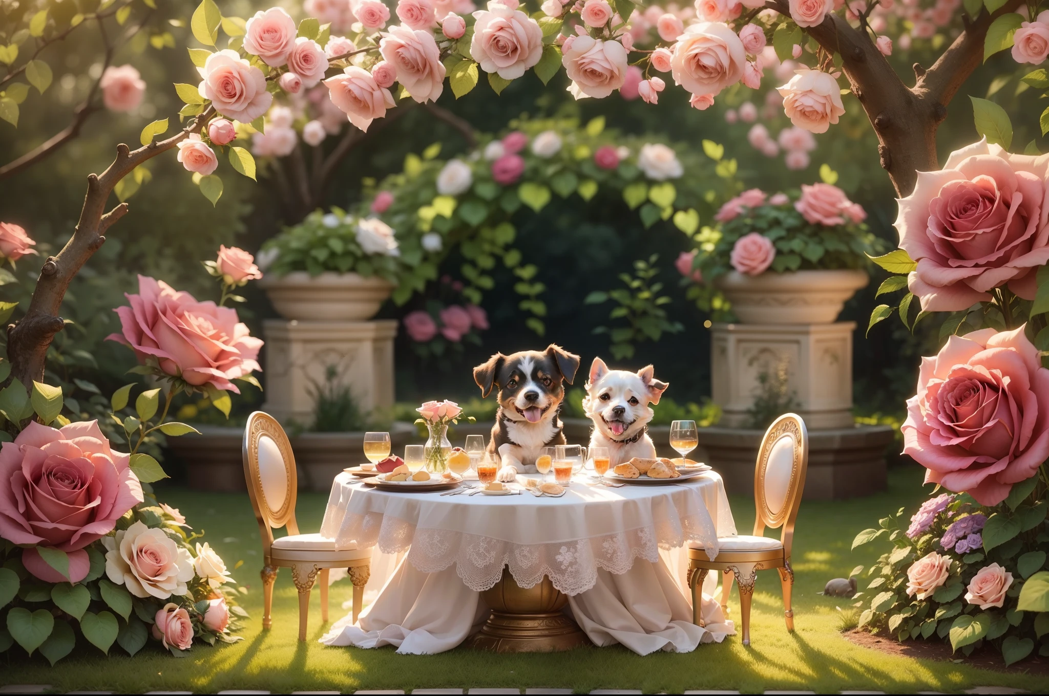 a lavishly set table in an enchanted rose garden, cute little dogs can be seen on the grass,
