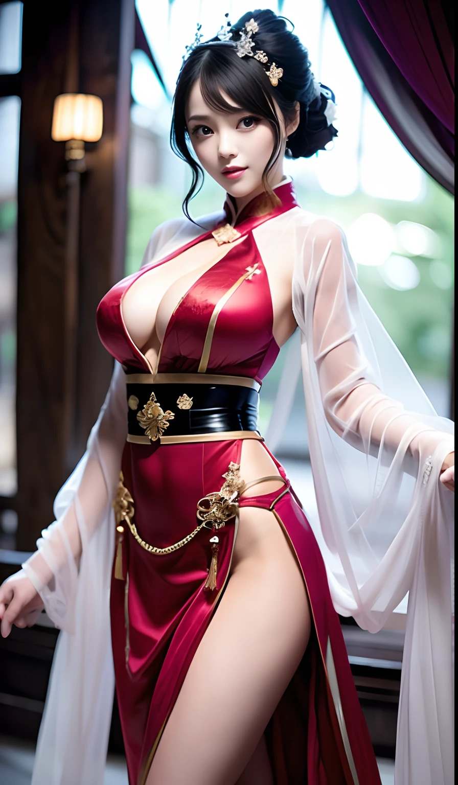 a beauty girl,Woman,Long flowing hair,Sheer costume Hanfu,Tulle Hanfu,huge boob,Breasts and breasts,The figure is revealed