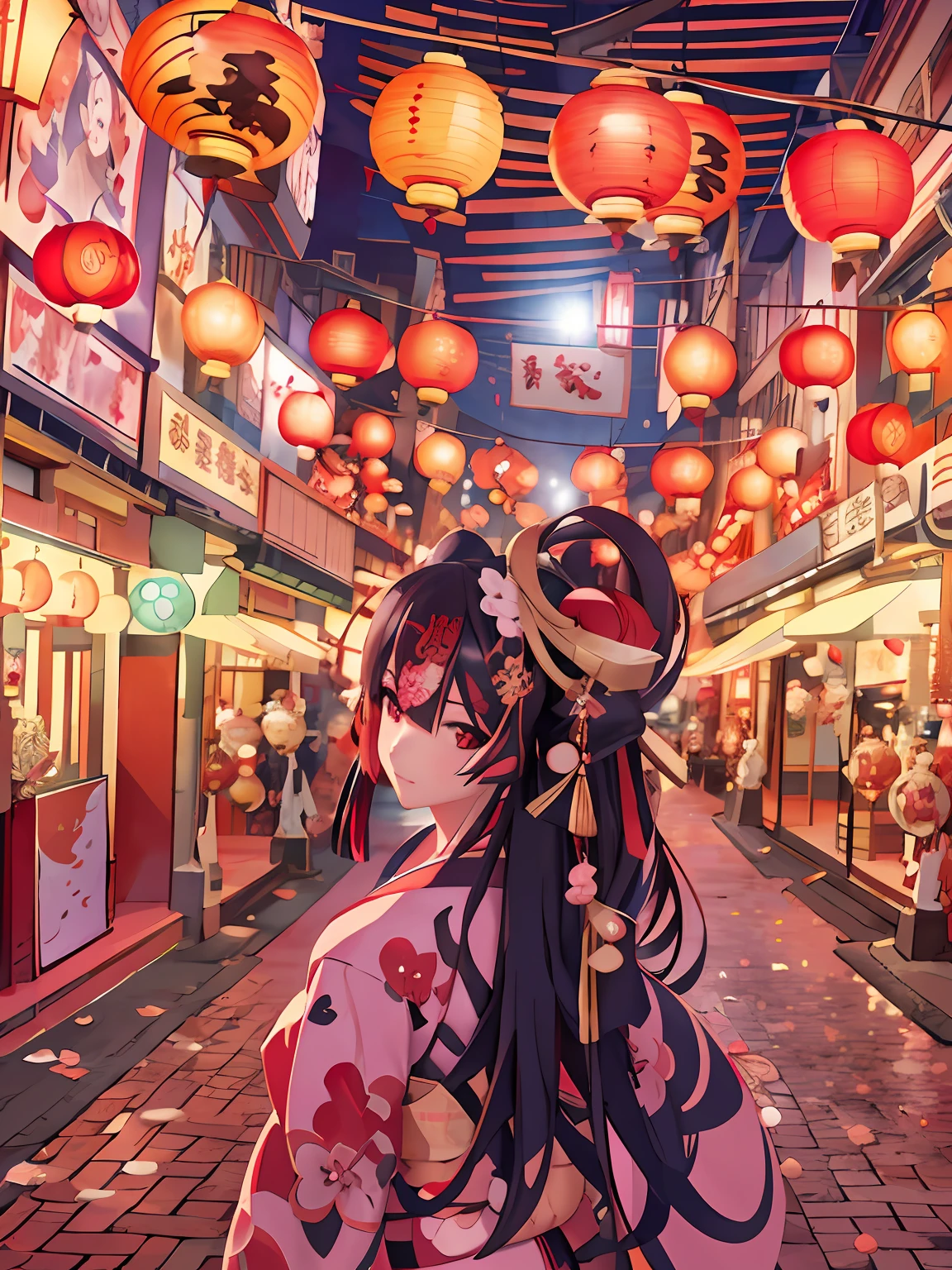 Arafe woman in kimono walking down street with red lanterns, anime style 4 k, Anime art wallpaper 8k, guweiz, anime art wallpaper 4k, anime art wallpaper 4k, Anime style. 8K, 4k anime wallpaper, anime wallpaper 4 k, anime wallpaper 4k, Beautiful anime, beautiful anime scene, kawacy