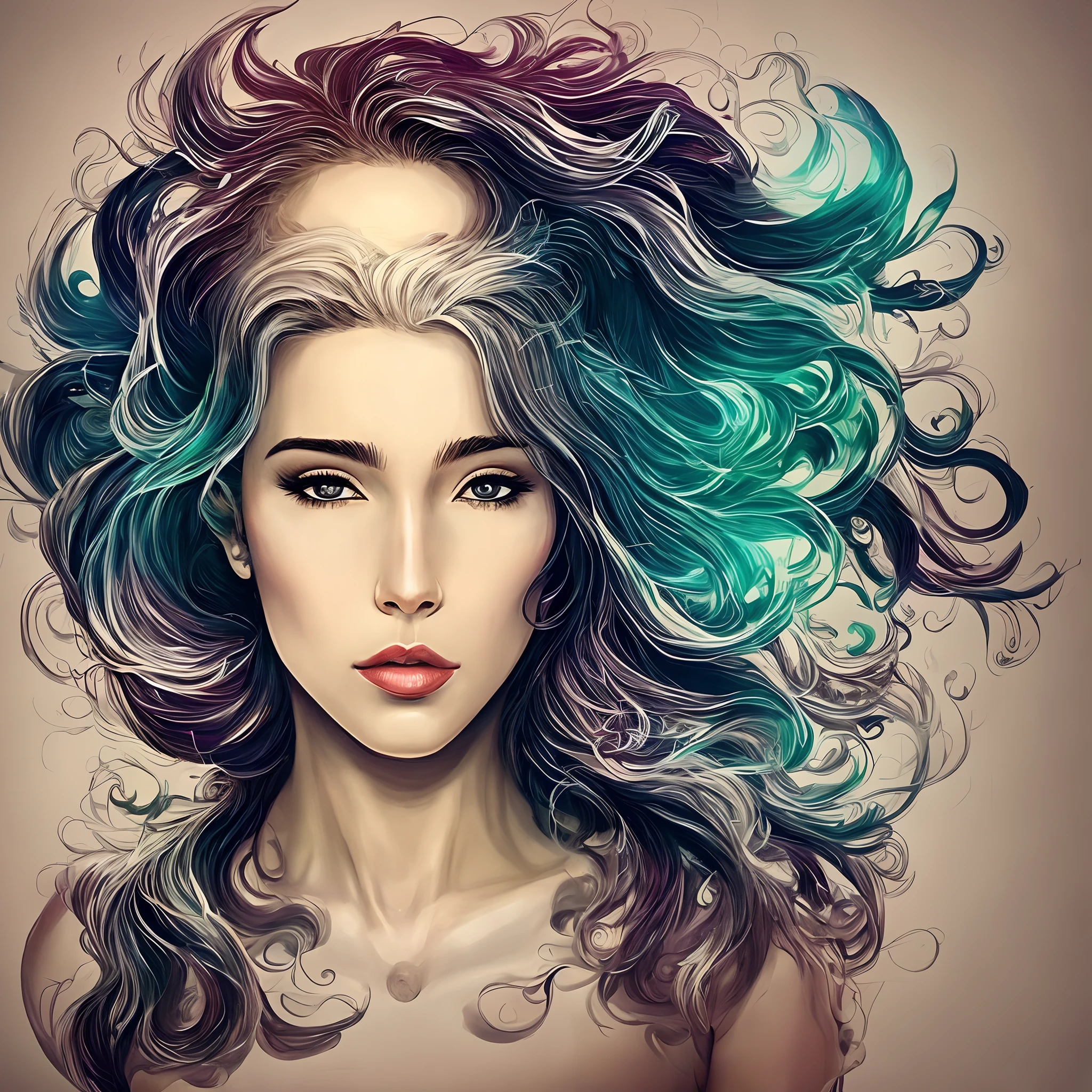 Noir painting of a beautiful woman with big, wild wavy rainbow hair; hyper-realistic long lashes, hyper-detailed fantasy art; elegant, intricate, detailed, symmetrical, ethereal, iridescent, 16k face, by Artgerm, WLOP" --auto --s2
