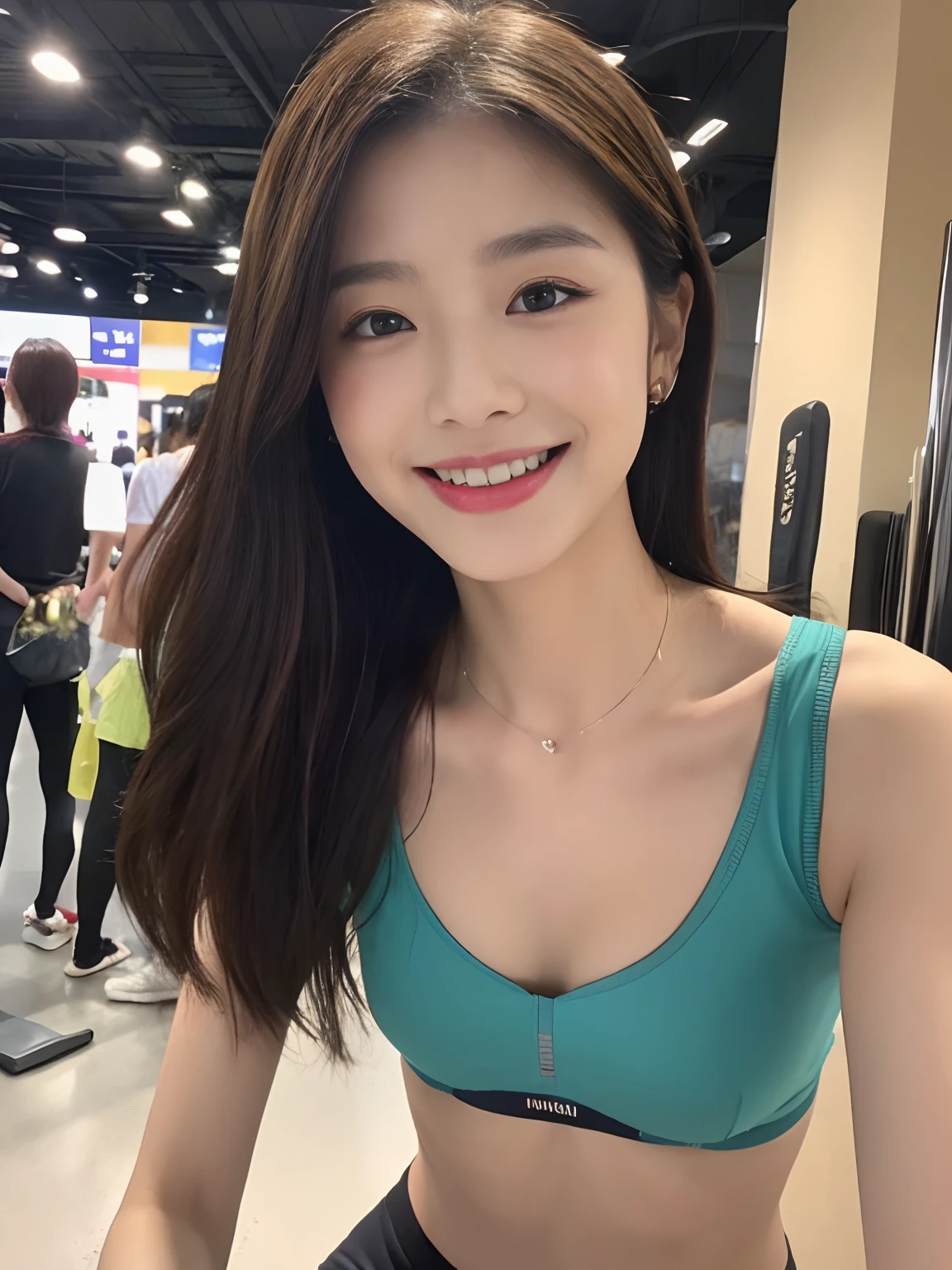 ((top-quality、in 8K、masterpiece:1.3))、1girl in、Beautiful woman with plump abs emphasized:1.3、(The long-haired、Colossal tits:1.2)、At the gym、Super delicate face、wholesome、二重まぶた、A smile that showed teeth、Wearing a tank top、Looking at the camera、Big smile、Look here、Look at me with your eyes wide open、Cozy feeling、Tank Tops、Work out in the gym