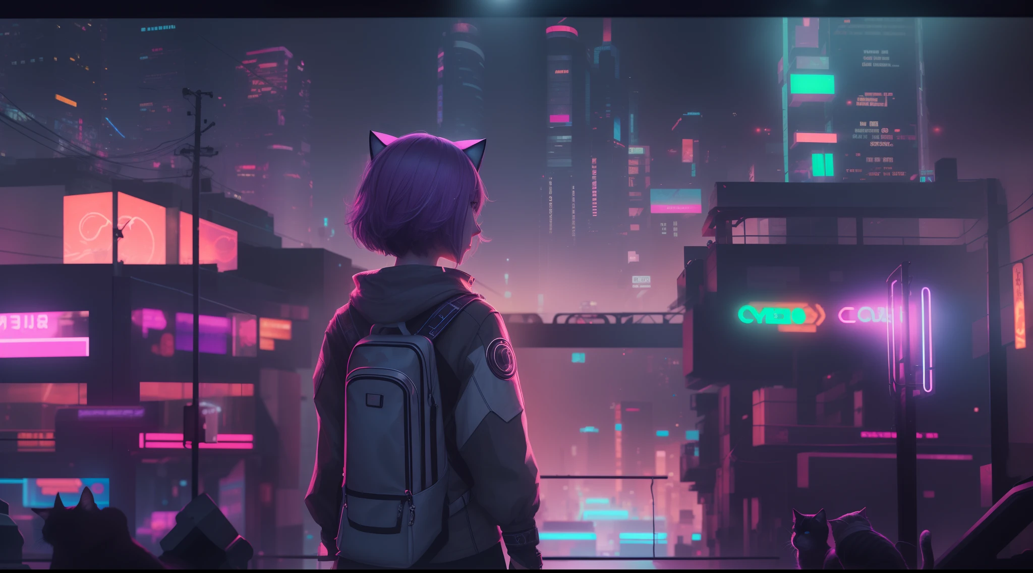 Super Resolution, (Realistic: 1.3) 1 Girl, Cyberhan, Cyberpunk City, Night, Neon, Lantern, Solo, Delicate Face, Delicate Eyes, Short Hair, Cat, Full Body, Back, Back to the Audience