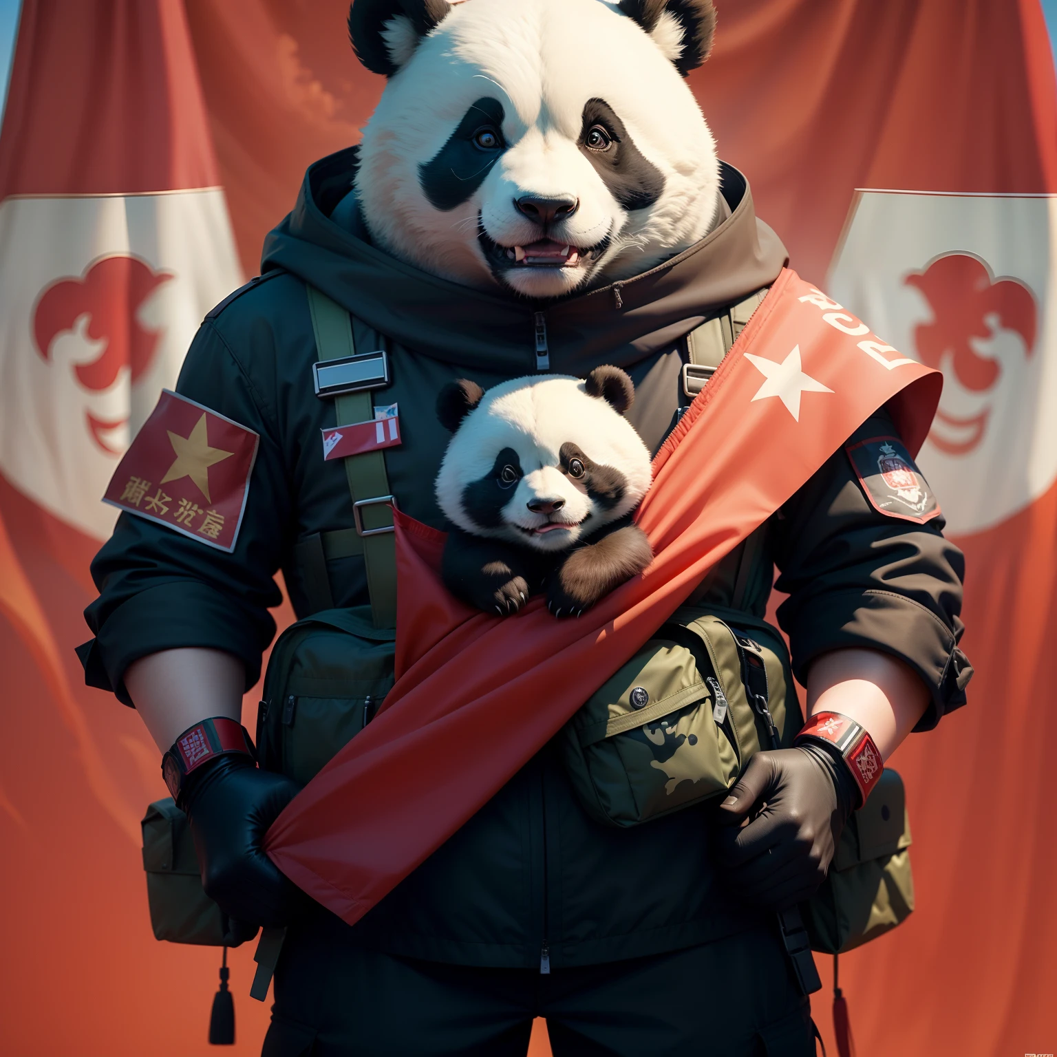 The panda is standing next to the J-20 plane,Wear Chinese anti-terrorist clothing,Armband Chinese five-star red flag detail,detail in face,With submachine guns,A J20 is flying in the air,HD8K