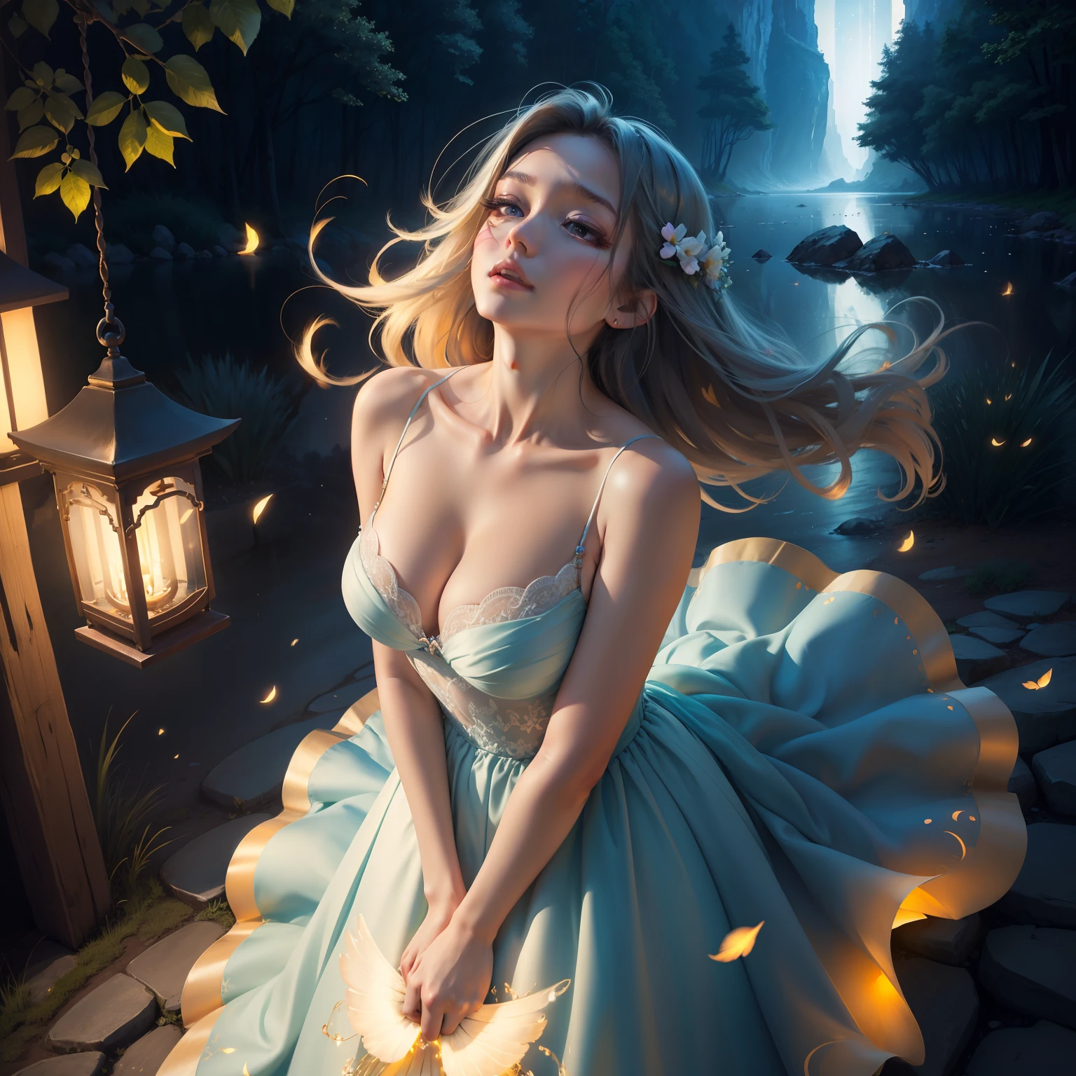 Radiant woman、beatiful lights、Looking Up、Aired dresses、the wind、Colorful、​masterpiece、Extraordinary beauty、masutepiece、glistning skin、cleavage of the breast、park scenery