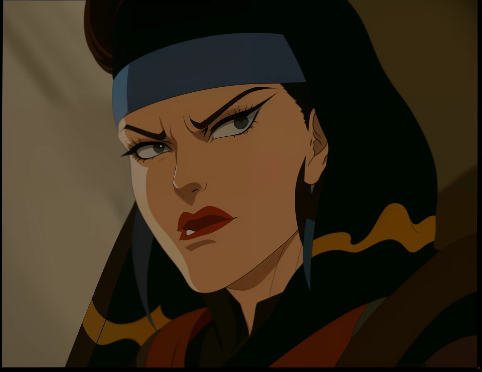 a close up of a cartoon of a young woman with a headband, ninja scroll anime style, anime ninja scroll, sly expression, aeon flux style, sil from species, style is a blend of æon flux, snake-head female assassin, 90s comic book character design, the godess hera looking angry, style mix of æon flux