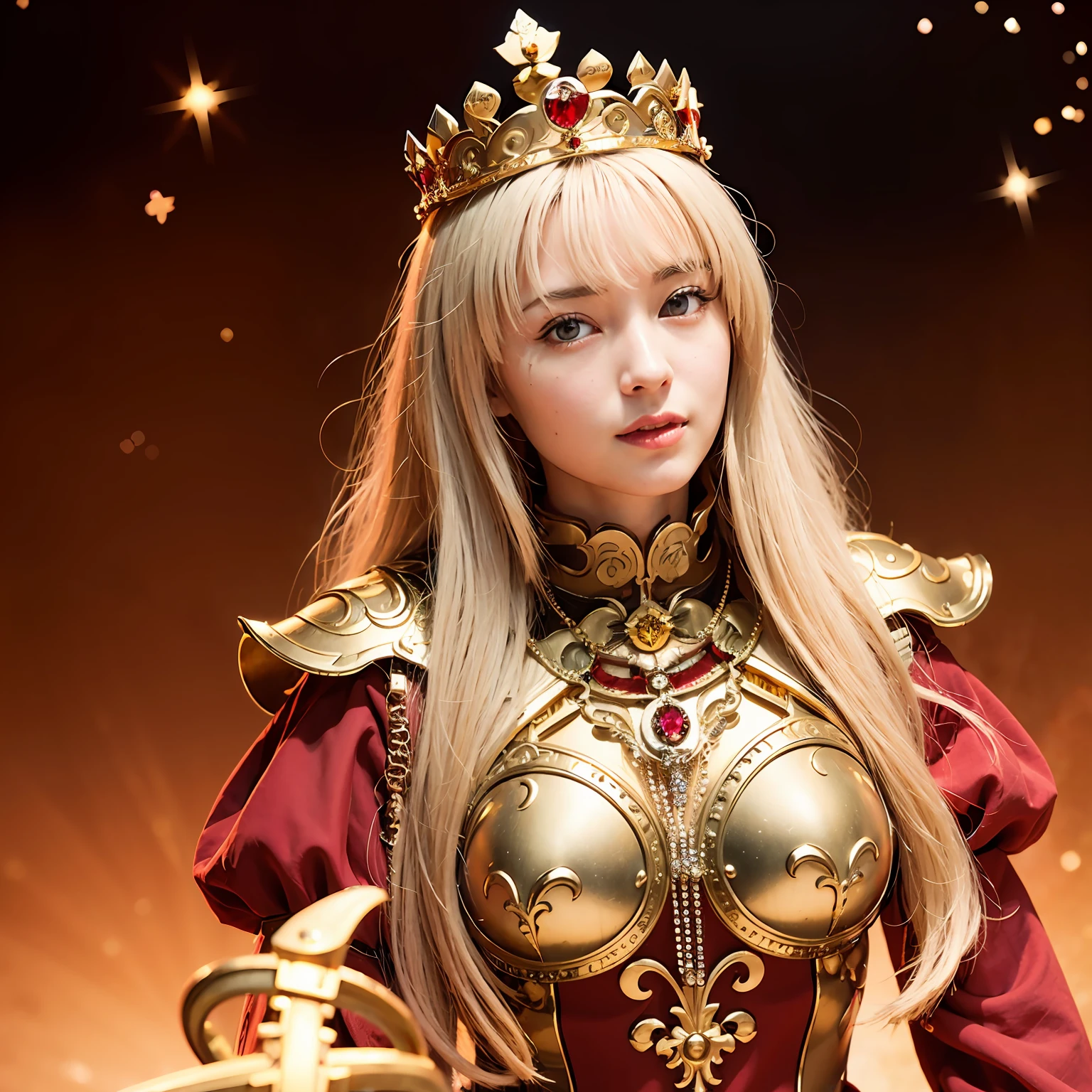 (masutepiece), Professional , masterpiece、top-quality、photos realistic , depth of fields (Gemstone Silver Metal Body:1.9),Background inside the castle、(Matte Red、Jewel Gold Weapon(Jewel Metal Body:1.4),Young 20 year old girl、(Gorgeous metal weapons) , Detailed Sword of the Brave , Beautiful knife ,warhammer 40k , adepta sororitas,(a blond),Detail and ornate jewel crown、Golden hair、Gangle's forest background、Beautiful Caucasian beauty、1a person、dynamic ungle,(((Detailed and ornate diamond crown)))、Smaller head、A smile、Powerful poses、Background inside the castle、Thin and beautiful female hands、Old ancient ruins、A smile、cleavage of the breast、(run)、