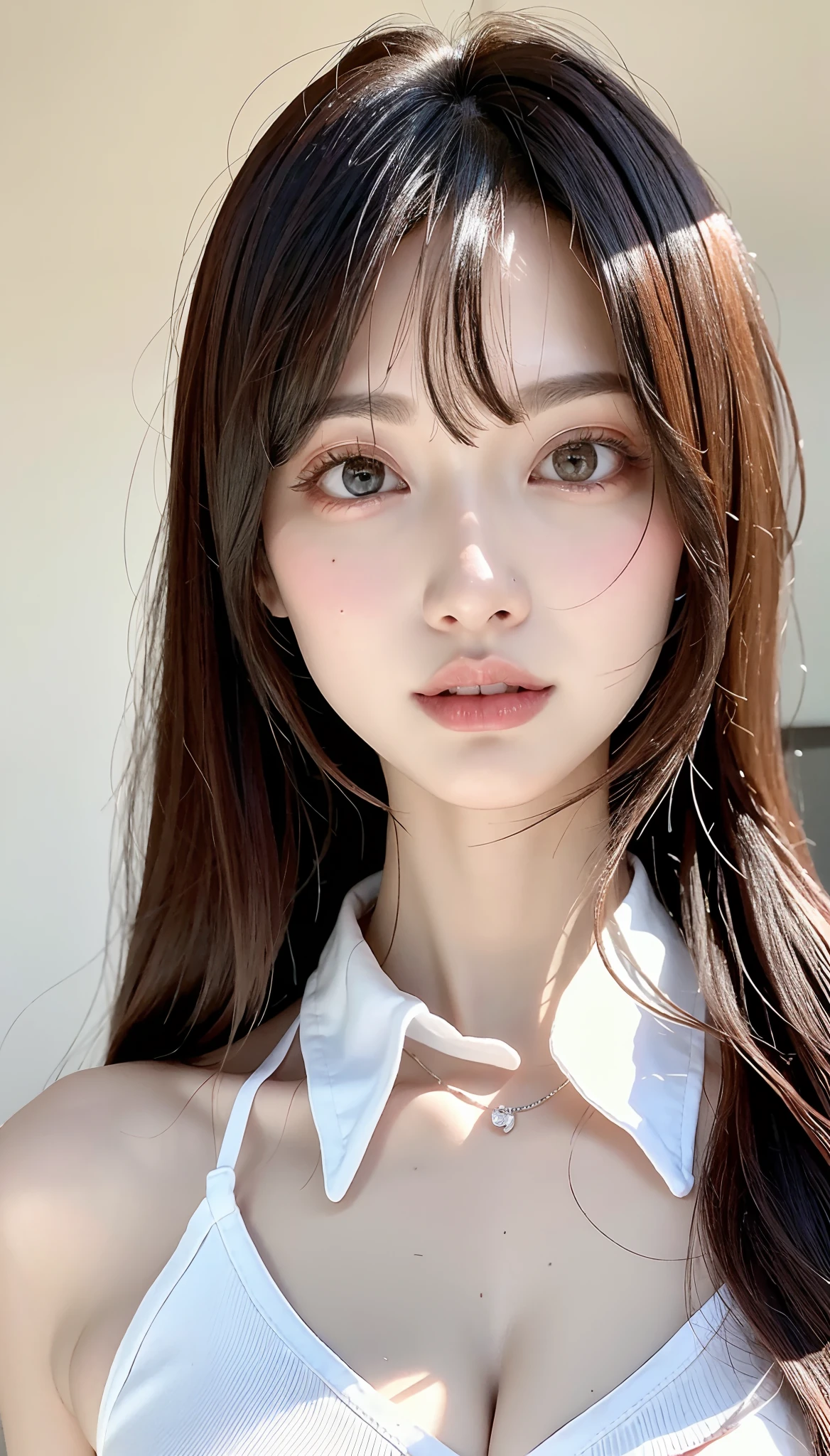 perfect figure beautiful woman：1.4，Layered Hair Style，Protruding cleavage，Transparent Uniform：1.5，Highly Detailed Face and Skin Textur，二重まぶた，Whiten the skin，Collar