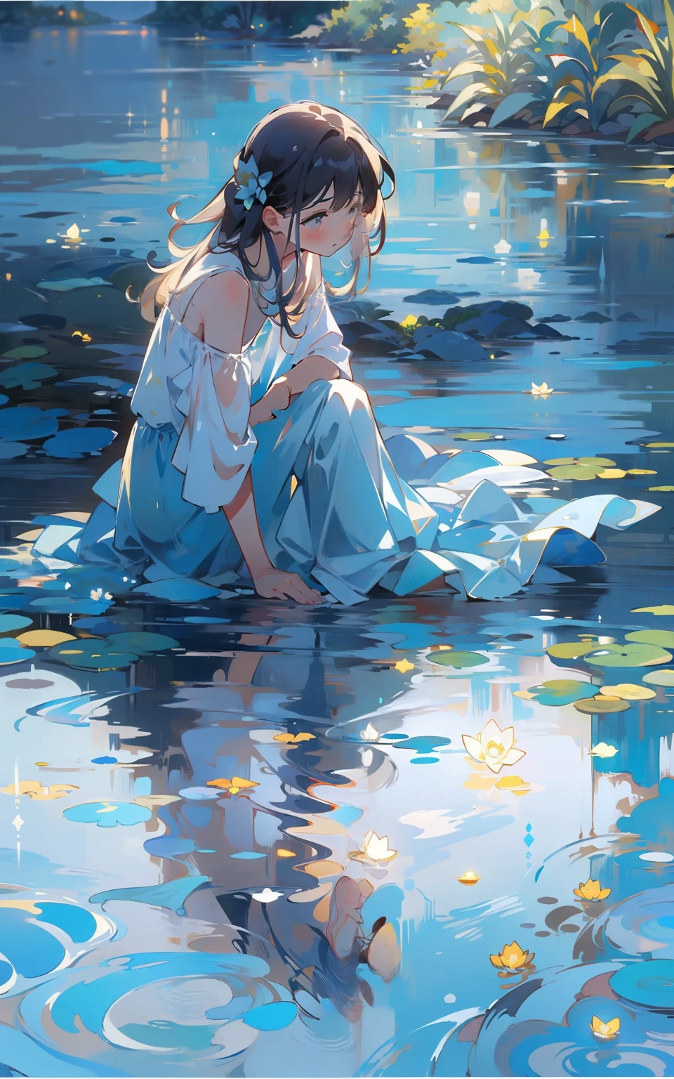 9. Blue reflection：Female sitting by a tranquil blue pond，Her reflection blends in with the nature around her。The surface of the water ripples gently，Creates a sense of serenity and clarity。