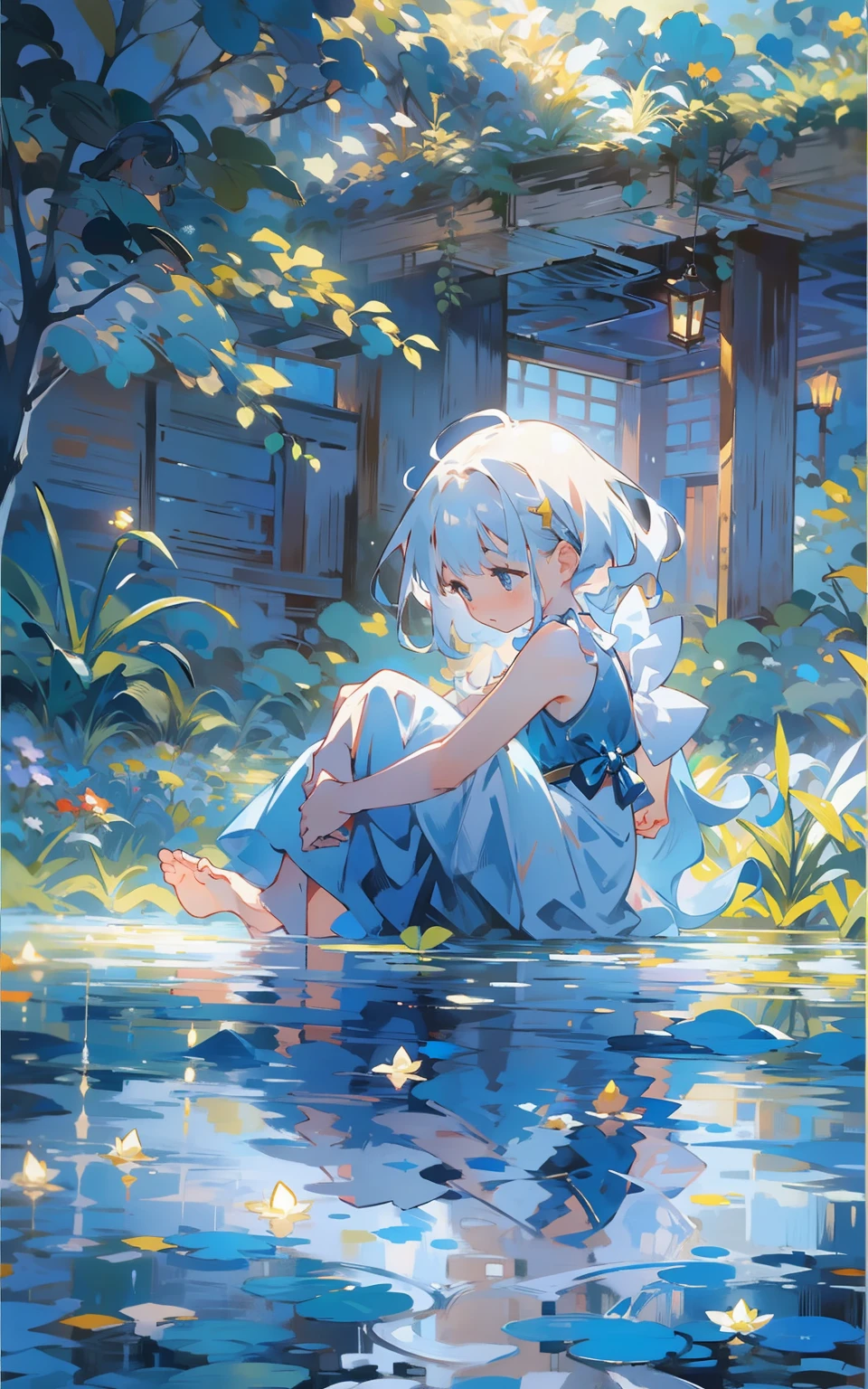 9. Blue reflection:Female sitting by a tranquil blue pond,Her reflection blends in with the nature around her。The surface of the water ripples gently,Creates a sense of serenity and clarity。