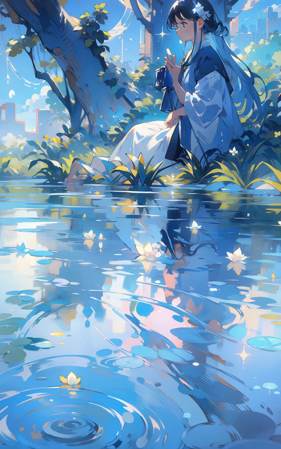 9. Blue reflection：Female sitting by a tranquil blue pond，Her reflection blends in with the nature around her。The surface of the water ripples gently，Creates a sense of serenity and clarity。