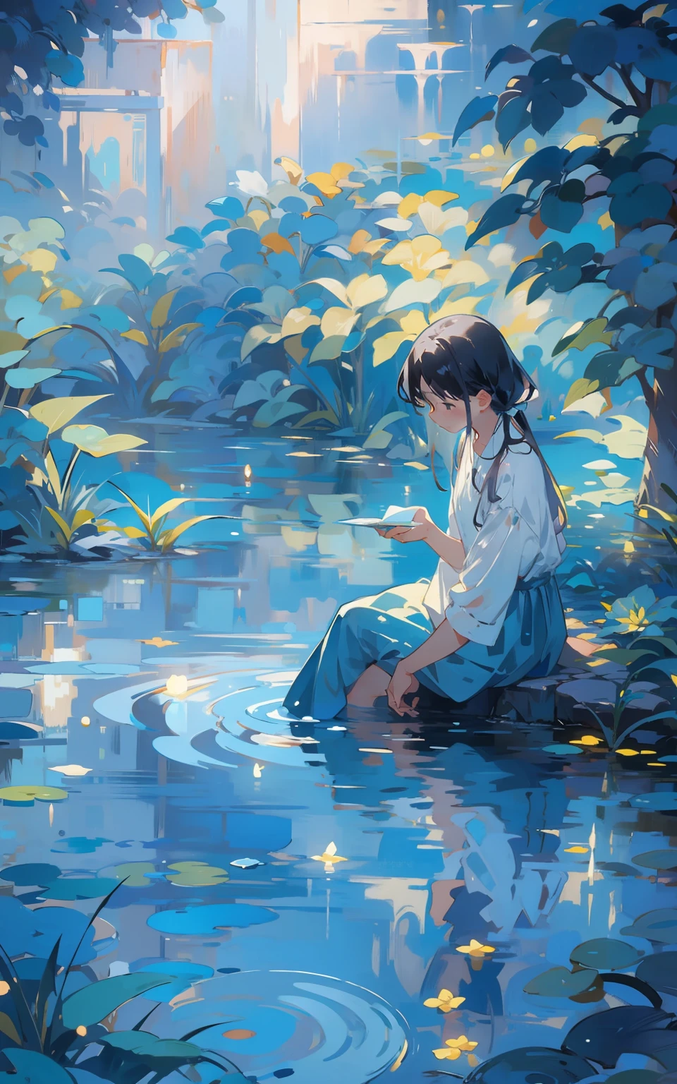 9. Blue reflection：Female sitting by a tranquil blue pond，Her reflection blends in with the nature around her。The surface of the water ripples gently，Creates a sense of serenity and clarity。