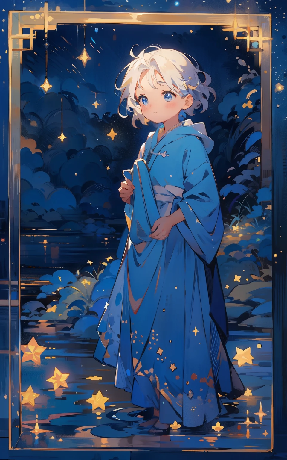 8. Blue moonlit night:Women standing on hills,Illuminated by soft moonlight。The night sky is dotted with countless stars,Creates a sense of tranquility and wonder。She took a deep breath,Feel the tranquility of the night。
