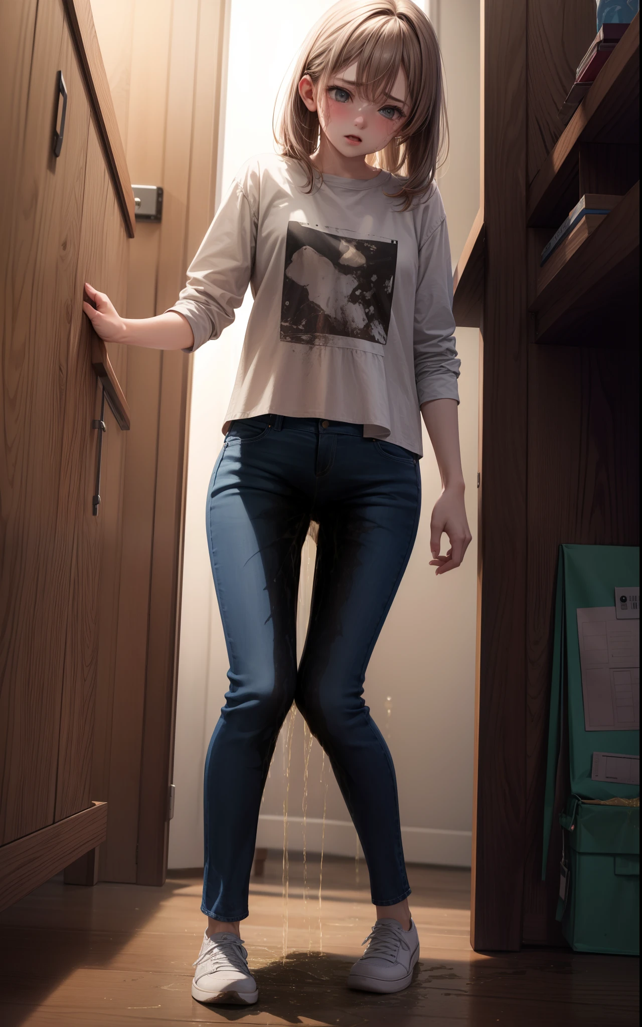nsfw, masterpiece, best quality, high resolution, (jeans pants), full body, (topless), (barefoot), blush, worried, open mouth, indoor, ((((((big pee stain)))))), sonia, side ponytail, heart hair ornament