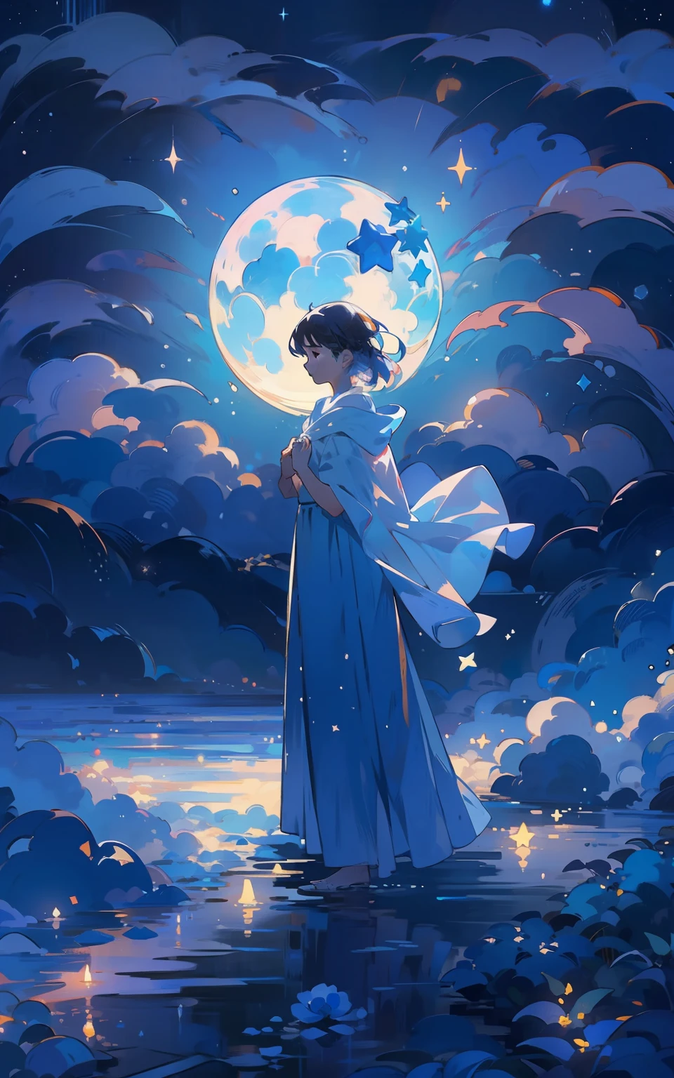 8. Blue moonlit night:Women standing on hills,Illuminated by soft moonlight。The night sky is dotted with countless stars,Creates a sense of tranquility and wonder。She took a deep breath,Feel the tranquility of the night。