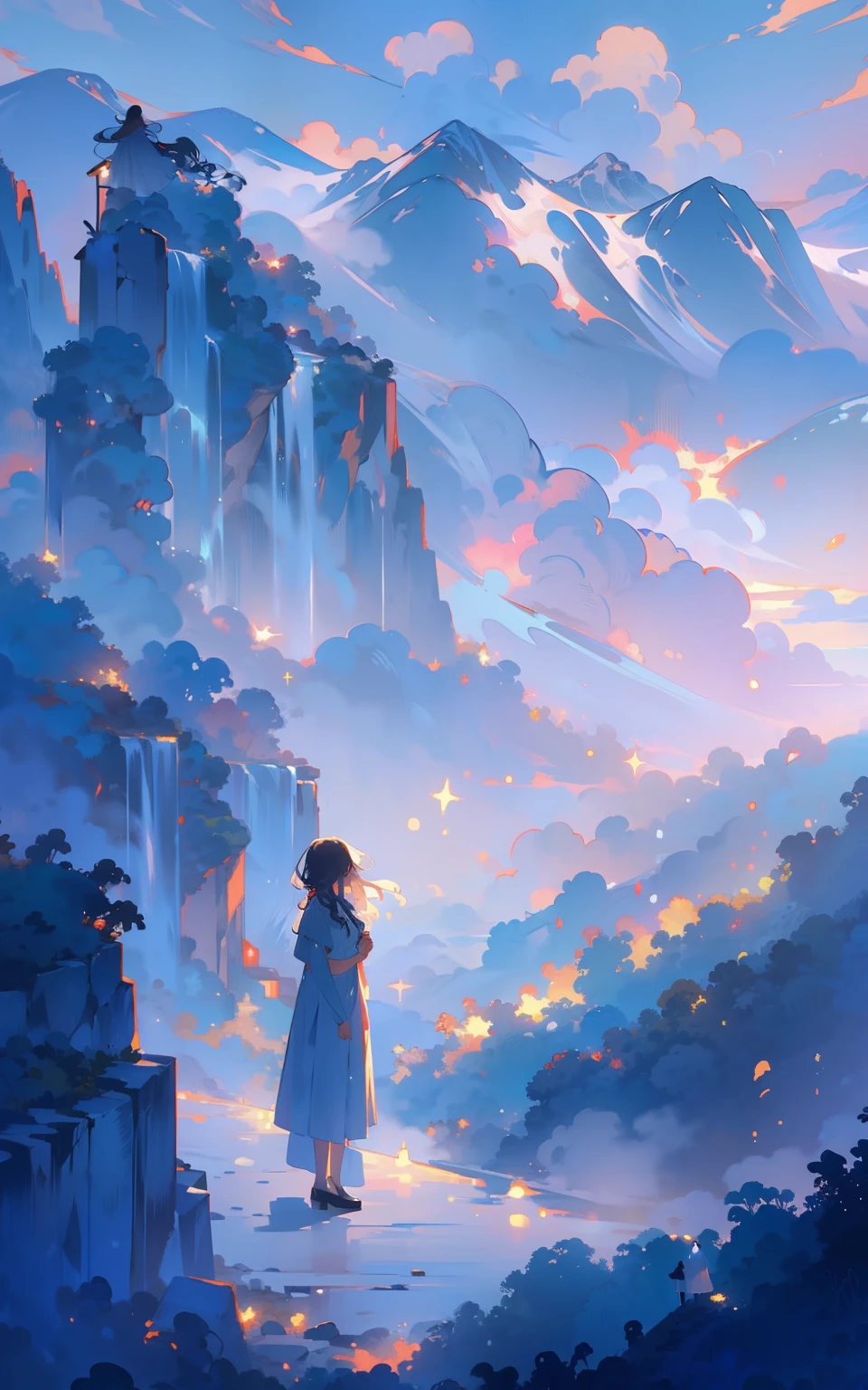 (Blue mountains:Women stand between magnificent mountains，The mountains are shrouded in a soft blue mist，She gazes at the magnificence of nature，full of awe and admiration。)