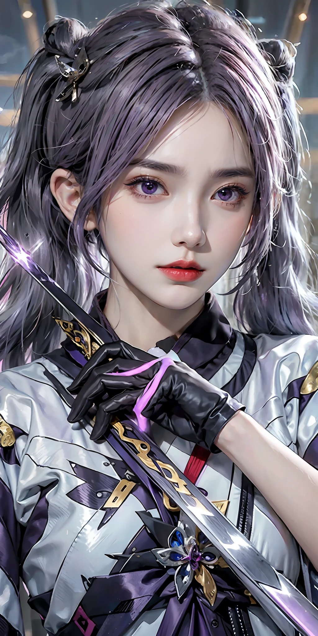 (frown, closed mouth), keqing_\(genshin_impact\), purple_eyes, purple hair, twintails, sharp eyes, serious face, gloves, hands holding sword, lightning glowing sword, purple lightning