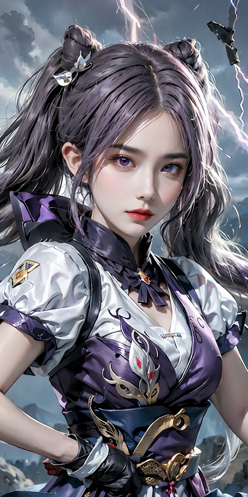 (frown, closed mouth), keqing_\(genshin_impact\), purple_eyes, purple hair, twintails, sharp eyes, serious face, gloves, hands holding sword, lightning glowing sword, purple lightning