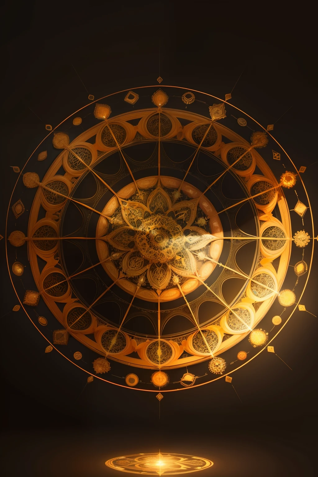 Crie uma mandala em laranja neon representando um mapa para dentro do ser, trazendo elementos de geometria sagrada, fractais e o universo.