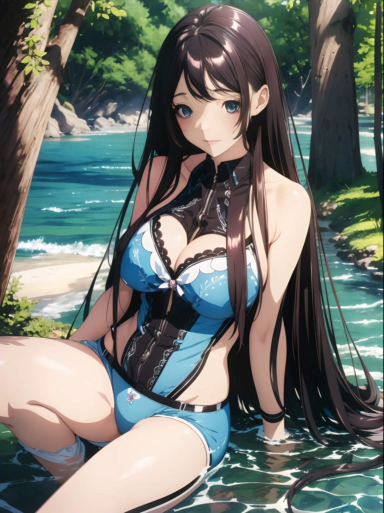 （Enrich the picture，Masterpiece level quality）Beautiful 8K CG artwork，Goddess-like posture，sittinng on the river，Postural exercises，Slim and soft，Translucent skin，black color hair、The beauty of extra-long hair, Super Long Straight Hair，The skin is fair and juicy，Big breasts underwear uniform，Perspective Part 1.2x enhanced silhouette effect，Exquisite transparent blues pattern in pajamas，The details are intricate and exquisite，The background is slightly blurred，Charming and lustful leg seduction，Drool，Big breasts J cup，Blush，Japan goddess，Perfect body slim curves，Scene by the sea，