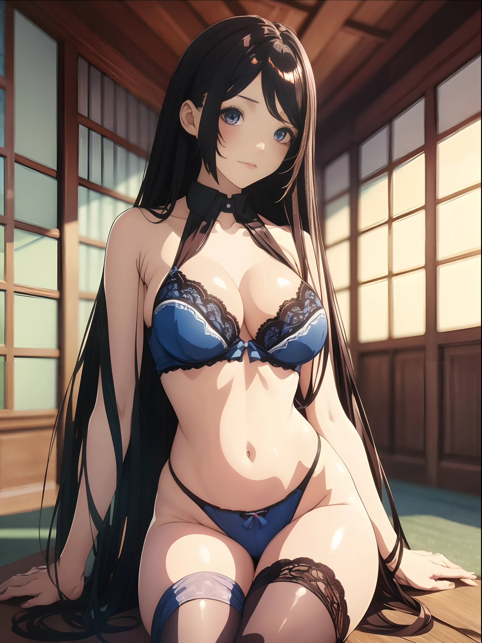 （Enrich the picture，Masterpiece level quality）Beautiful 8K CG artwork，Goddess-like posture，sittinng on the river，Postural exercises，Slim and soft，Translucent skin，black color hair、The beauty of extra-long hair, Super Long Straight Hair，The skin is fair and juicy，Big breasts underwear uniform，Perspective Part 1.2x enhanced silhouette effect，Exquisite transparent blues pattern in pajamas，The details are intricate and exquisite，The background is slightly blurred，Charming and lustful leg seduction，Drool，Big breasts J cup，Blush，Japan goddess，Perfect body slim curves，Scene by the sea，