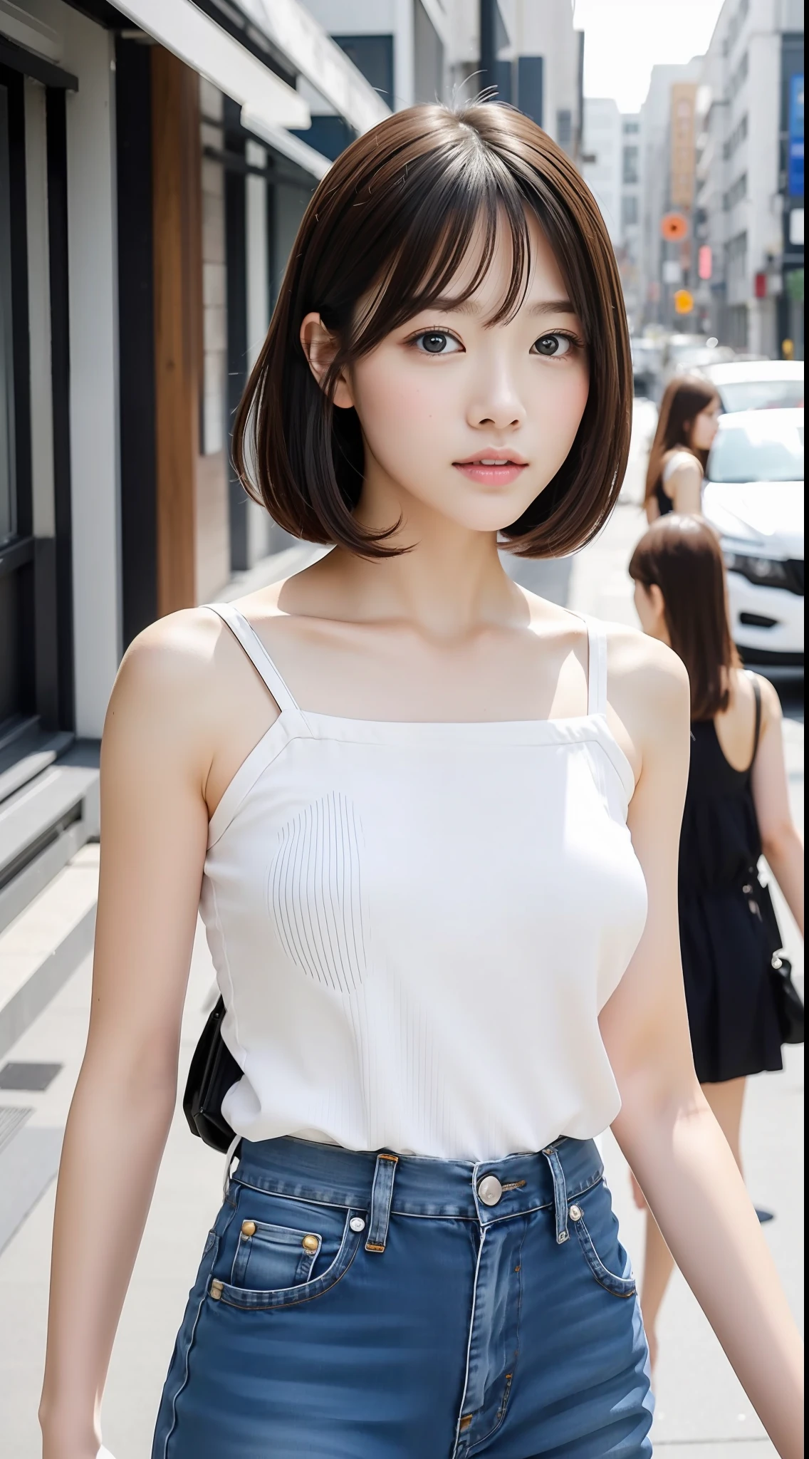 1girl in、夏天、japanese street、camisole、Denim skinny pants、short brown haired、Clear focus:1.2、Highly detailed facial and skin texture、top-quality、8K、full bodyesbian、beauty legs、kawaii girl、walking in city、