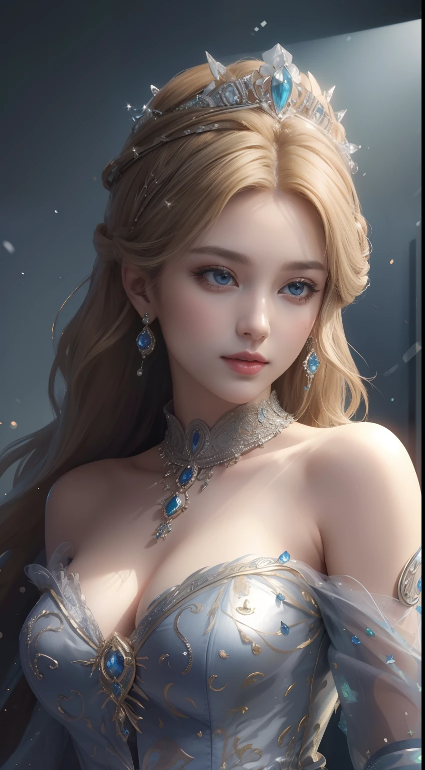 tmasterpiece,Highest image quality,Beautiful bust of a royal lady,Delicate blonde hairstyle,Embellished with dazzling and intricate jewelry,super detailing,upscaled。