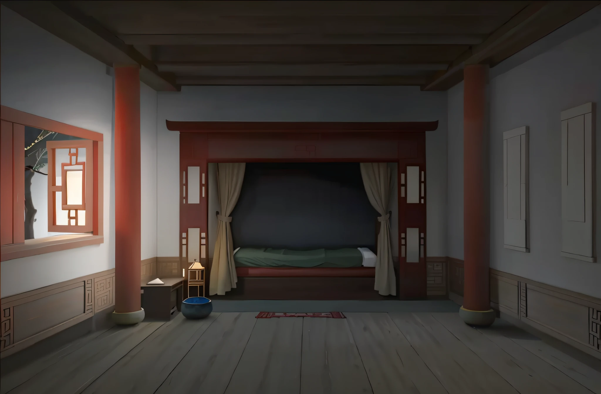 Ancient Chinese bedroom，interior scenes，Beds，Wooden pillars，Calligraphy，Wooden windows，wooden floor