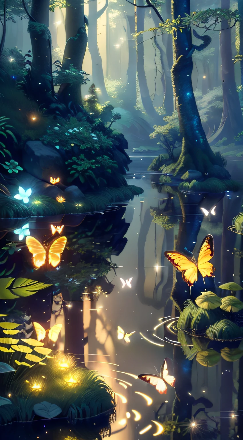 A masterpiece, the best quality, stunning reflections, the best reflections ever. (very detailed CG unity 8k wallpapers), (best quality), (best illustrations), (best shadows), forest theme with natural elements. Tall trees, quiet streams, small glowing mushrooms surrounded by delicate leaves and branches, with fireflies and glowing particle effects,, (natural elements), (jungle theme), (leaves), (twigs), (fireflies), butterflies, (delicate leaves), (glow), (particle effects). , Isometric 3D, Octane Rendering, Ray Traced, Super Detailed