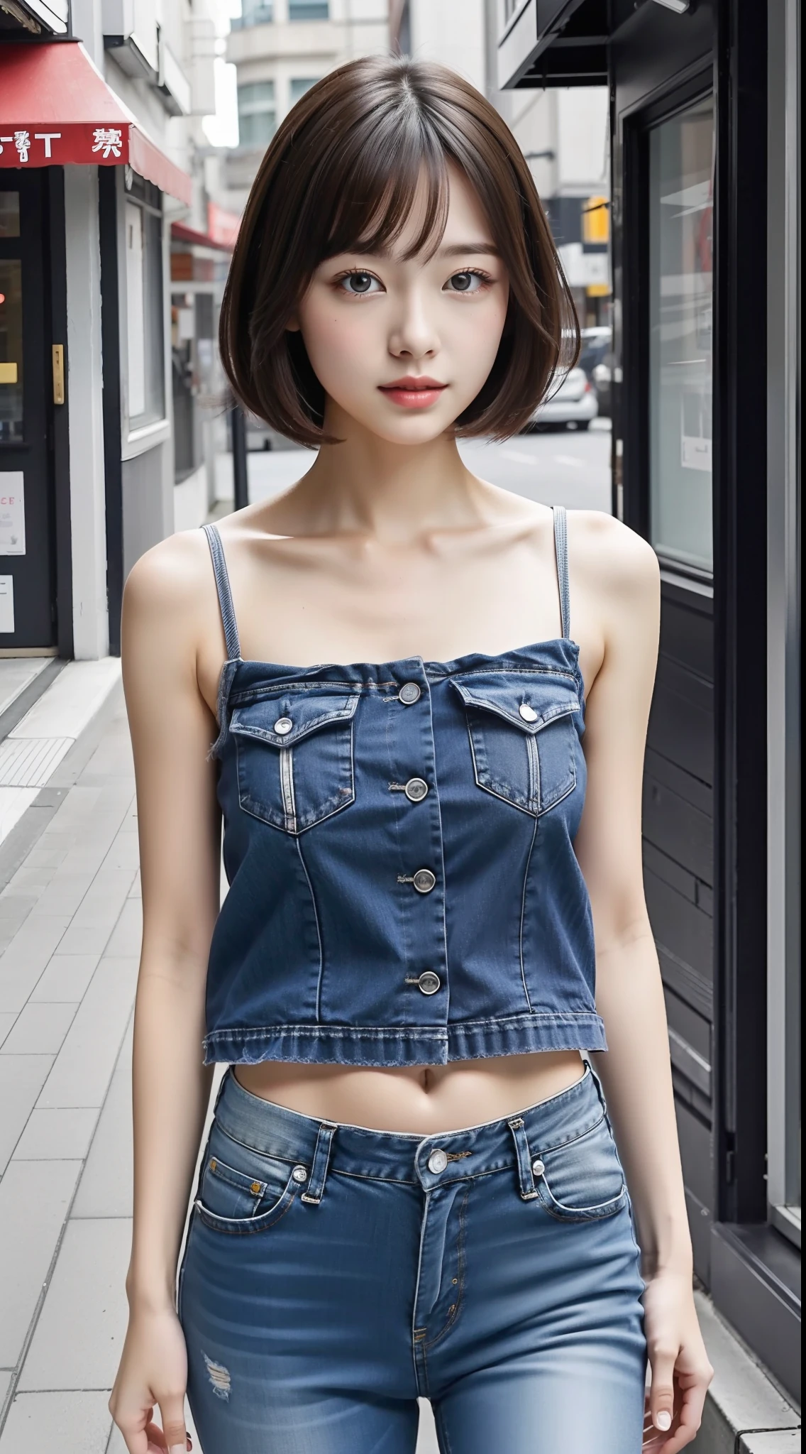 1girl in、夏天、japanese street、camisole、Denim skinny pants、short brown haired、Clear focus:1.2、Highly detailed facial and skin texture、top-quality、8K、full bodyesbian、beauty legs、kawaii girl、walking in city、