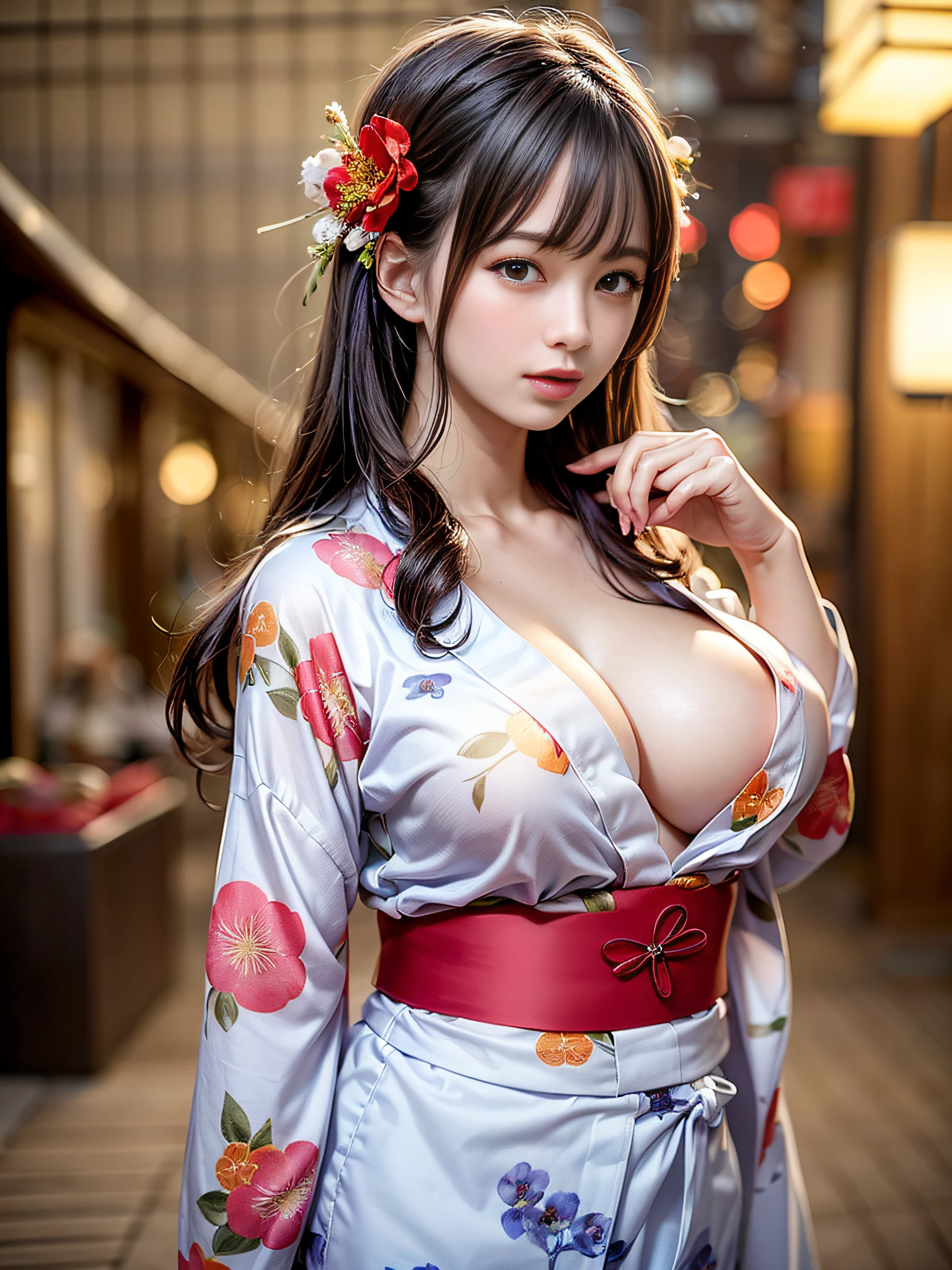 1 beautiful girl, Beautiful girl of the highest grade, Open mouth slightly, narrow her eyes:1.2, Realistic, extremely detailed CG unified 8k wallpaper, ighly detailed, High-definition raw color photos, professional photograpy, Realistic portrait, Cinematic Light, Beautiful detailed, (Naked:1.5), (Big breasts:1.5), (cleavage of the breast:1.2), (Bare shoulders), (Floral yukata with wide open chest:1.5), bared chest, Outdoors, Night, (Best Quality:1.4), Super Detail, High quality, masterpiece
