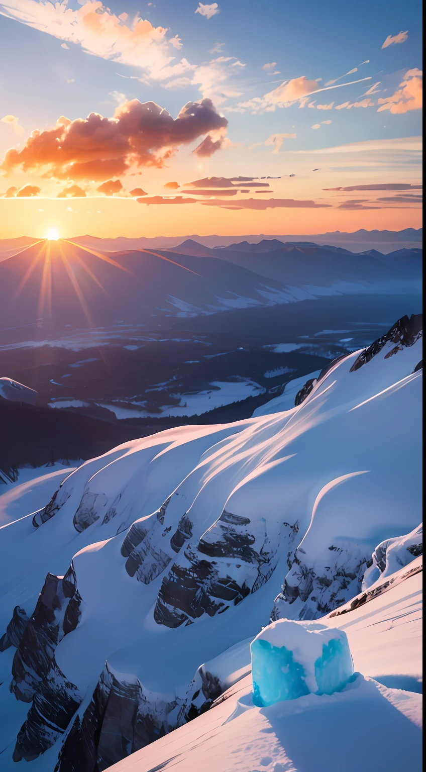Skysky，the setting sun，Colorful auspicious clouds，Thick snow，ice mountain，8K wallpapers，extreme beautiful，winning artwork，