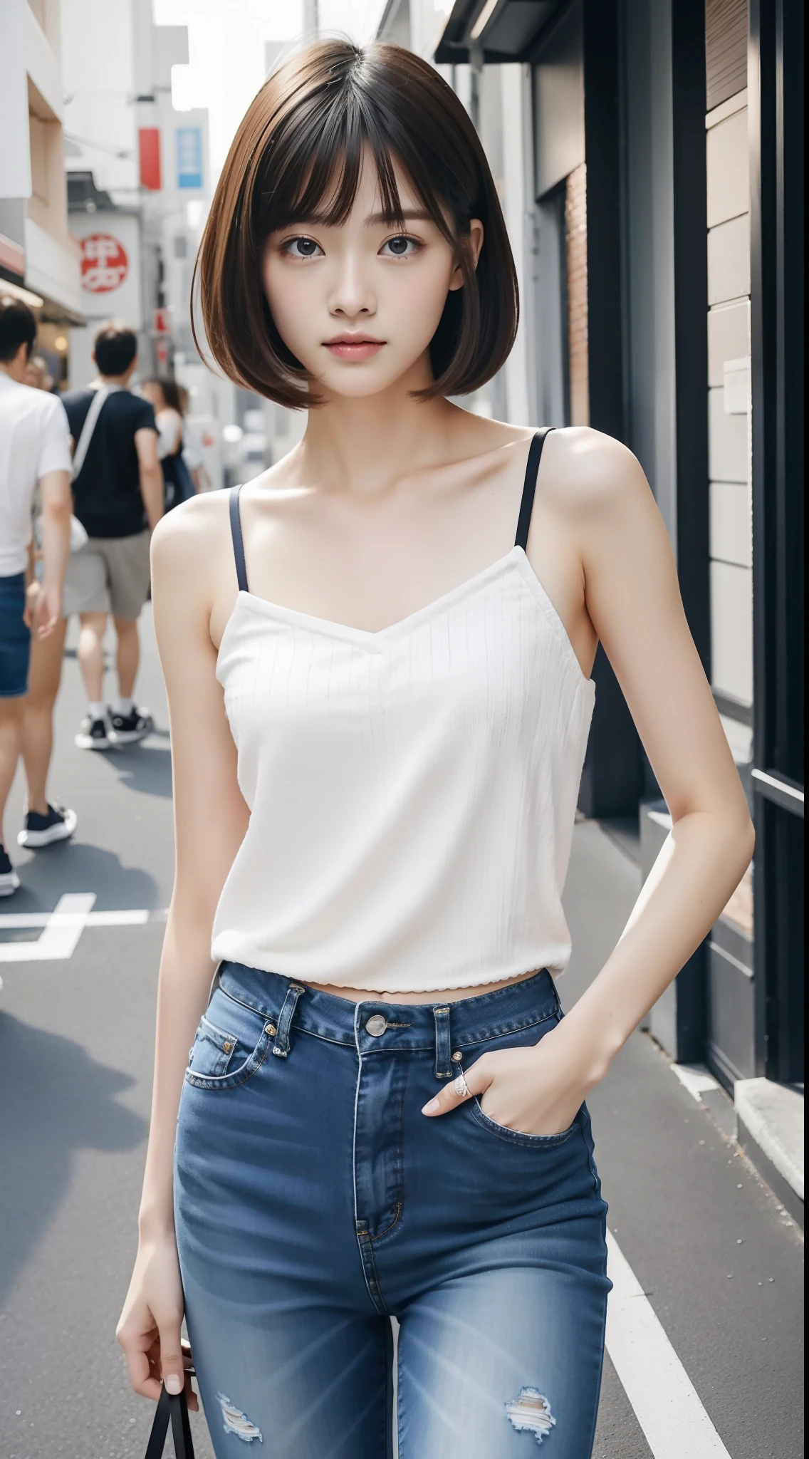 1girl in、夏天、japanese street、camisole、Denim skinny pants、short brown haired、Clear focus:1.2、Highly detailed facial and skin texture、top-quality、8K、full bodyesbian、beauty legs、kawaii girl、walking in city、