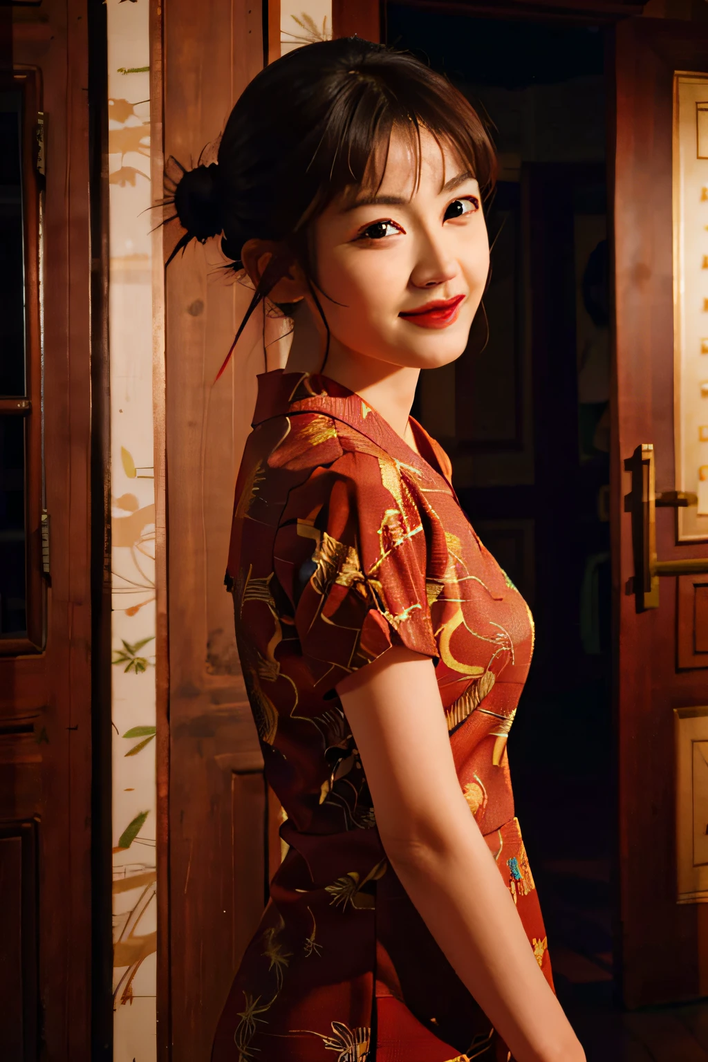 best quality, masterpiece, solo, 1girl, paprikav2, short hair, light smile, brown eyes, mature female, china dress, double bun,