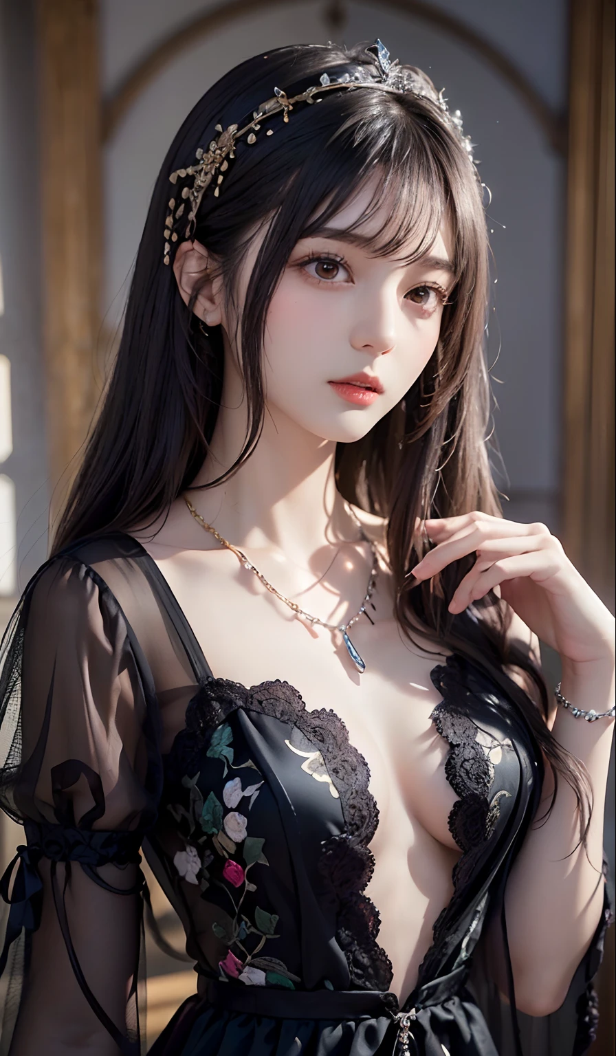 ((top-quality、masterpiece:1.3))、sharp:1.2、Perfect Body Beauty:1.1)、Highly detailed facial and skin texture、Detailed eye、Fantasia、(Pure black dress:1.3)、(chains:1.3)、二重まぶた、((Longhaire:1.5))、(dark brown hair)、(well-groomed bangs:1.2)、((One Woman))、fantasy castle、tying hair、Black Princess、darkened room、Darkness Falls、The Princess Who Turned Evil、Fallen into evil、Evil Princess、a necklace、Luxurious ornaments、